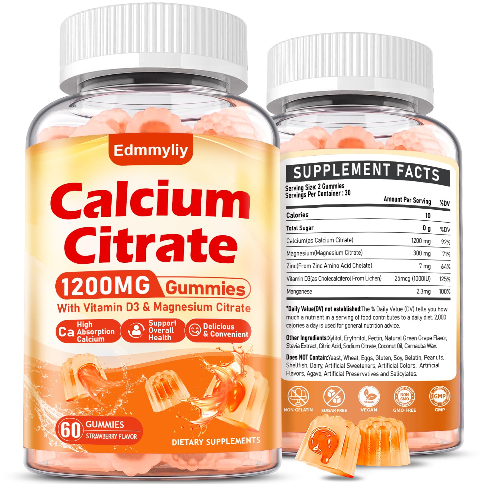 Calcium Citrate Supplement Gummies for Adult - Sugar Free Calcium Citrate 1200 Mg with Magnesium 300 Mg & Vitamin D3 - Organic Chewable Calcium Supplements for Women & Men