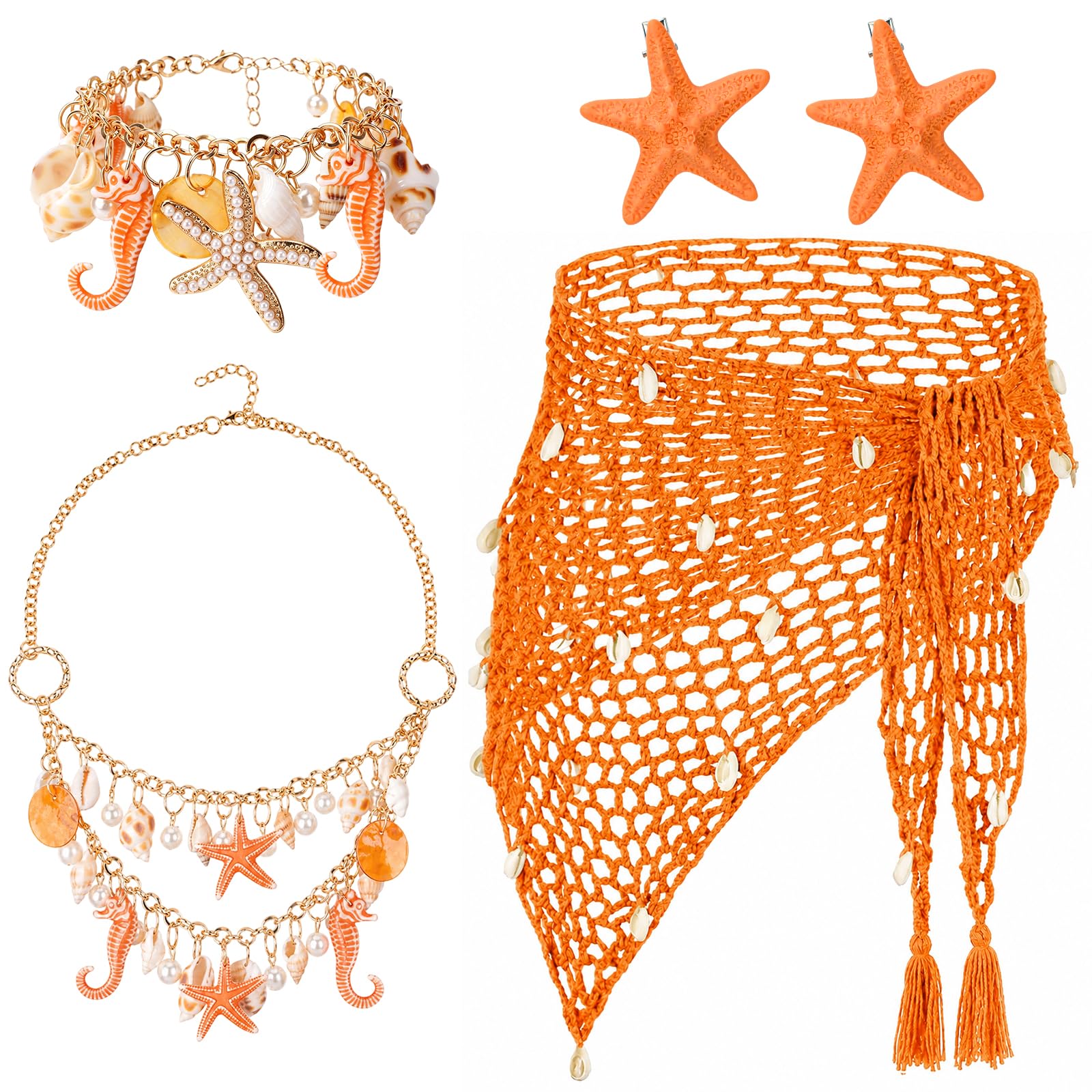XEPST 5PCS Mermaid Costume for Women - Siren Costume Mermaid Accessories Set With Sarong Crochet Skirt Cover Up Shawl Starfish Hair Clips Shell Jewelry for Halloween Costumes Cosplay Carnival,Orange โ image 1