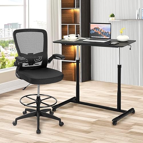 Miniatura 5 de Tangkula Escritorio móvil de pie para computadora, mesa de pie ajustable en altura con 4 ruedas, escritorio de pie compacto con marco de acero, mesa