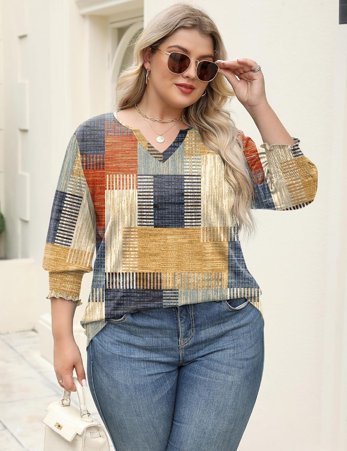 Rapbin Womens Plus Size Tops 3/4 Sleeve Blouses Shirts Casual V Neck Loose Tunic Tops 1X-5X - Image 5