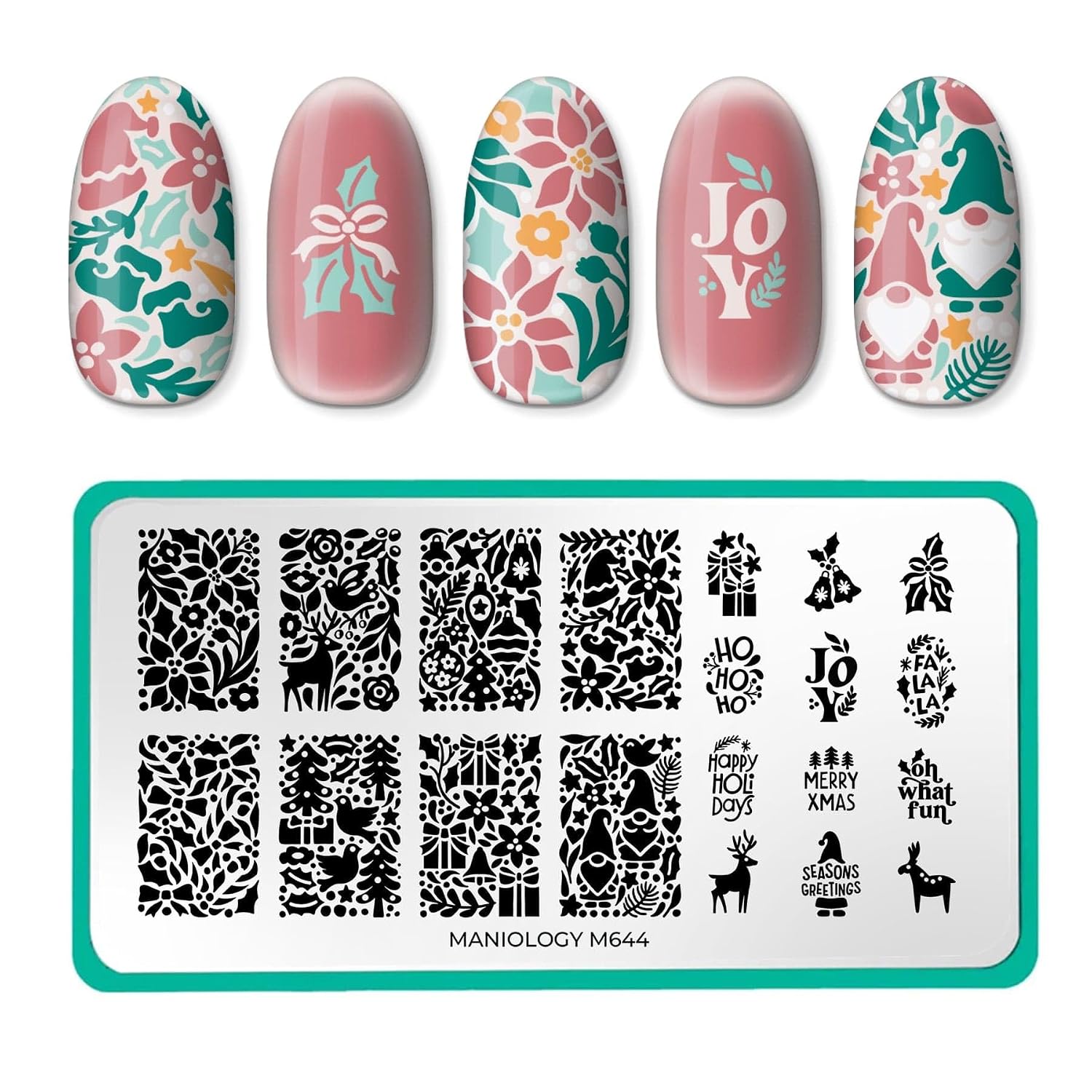 Maniology Nordic Noel Nail Stamping Starter Kit | Nordic-Inspired Holiday Nail Art Designs & Festive Christmas Patterns DIY Manicures – with Stamping Plate, Polish, Top Coat, Stamper & Scraper Card