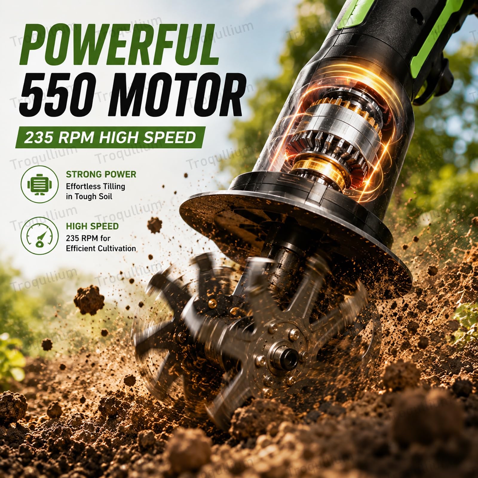 Motobineuse électrique 21V, avec 2batteries 1,5Ah, 4lames métalliques, Largeur de Travail 10cm, Profondeur de Travail 10cm, Vitesse 235tr/min