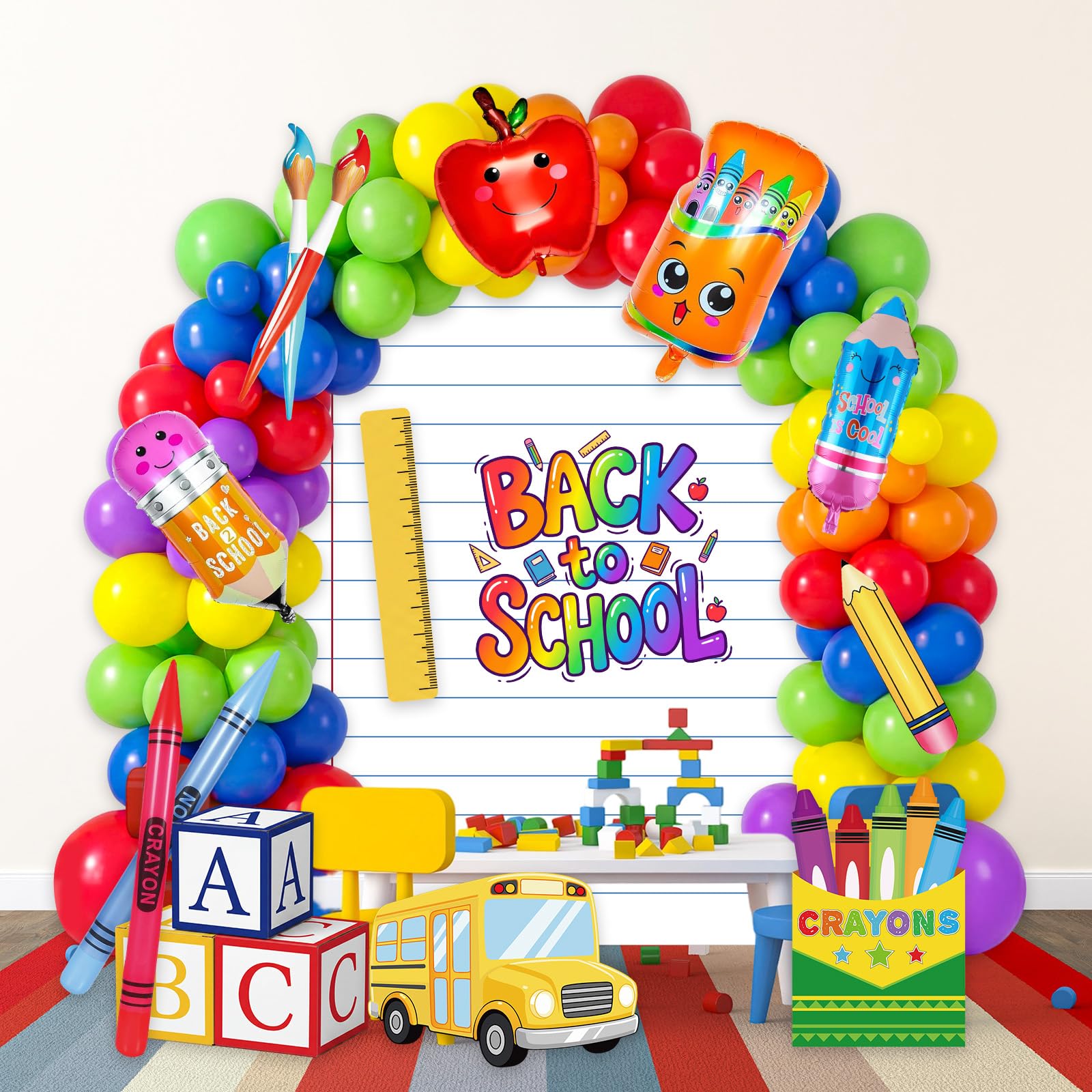 Kit de arco de guirnalda de globos para el regreso a la escuela, 168 piezas, con telón de fondo, globos arcoíris, globos de aluminio, cajas de autobús ABC, decoración de crayones inflables para