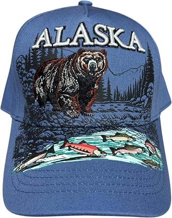 Robin Ruth Quality Ball Cap Hat Alaska Bear in River Salmon Fish Graffic Bill and Embroidered Detail Lake Blue