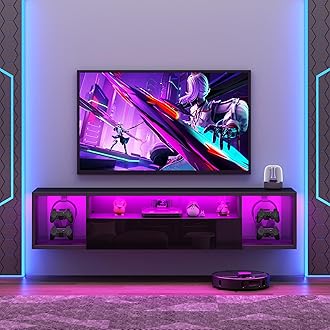Floating TV Stand Wall Mounted with Lights,LED TV Stand Floating Entertainment Center with Storage for Bedroom Living Room,Modern Floating Shelf for Under TV, Black 55inch