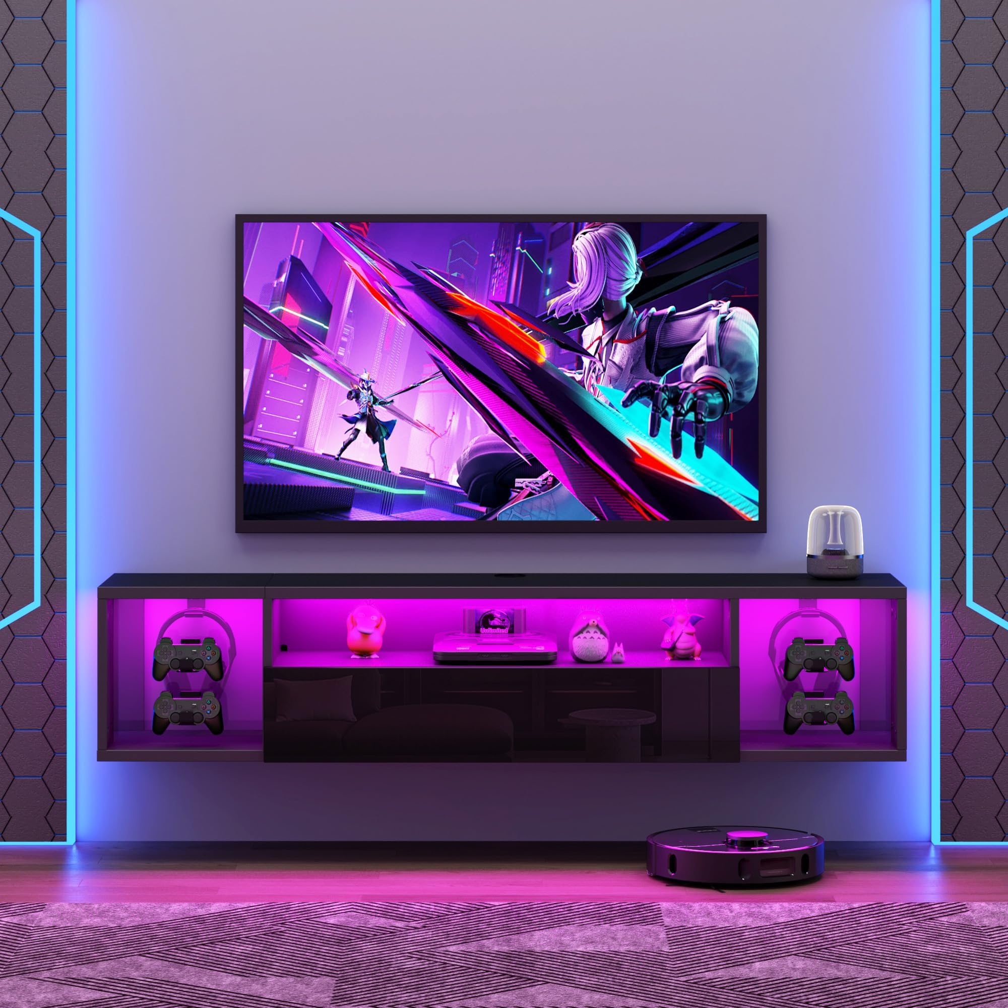 SogesPower Floating TV Stand Wall Mounted with Lights,LED TV Stand Floating Entertainment Center with Storage for Bedroom Living Room,Modern Floating Shelf for Under TV, Black 55inch
