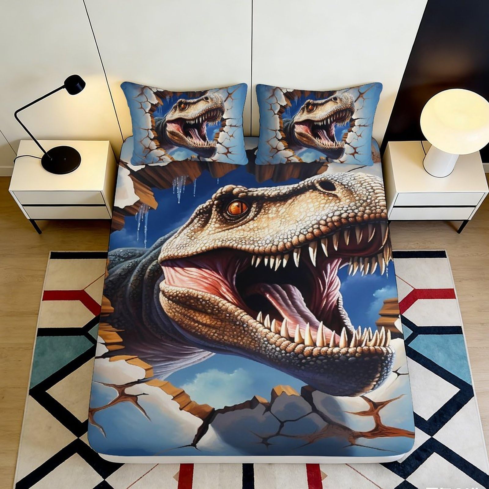3D Printed Dinosaur Breakthrough Fitted Sheet Microfiber Non-Slip Mattress Cover for Bedroom Dorm Bed Decor 116 120x200x25cm
