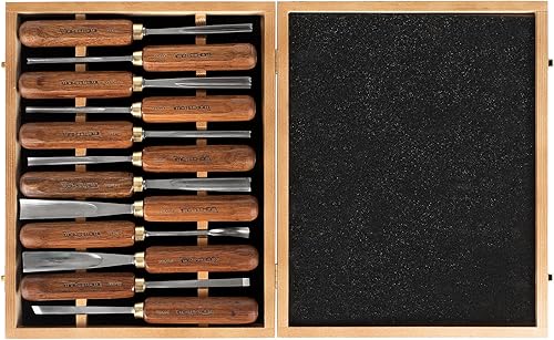 Juego de cinceles de herramientas de tallado de madera para carpintería de 12 piezas con caja de madera, cuchillas de acero CR-V 60 afiladas