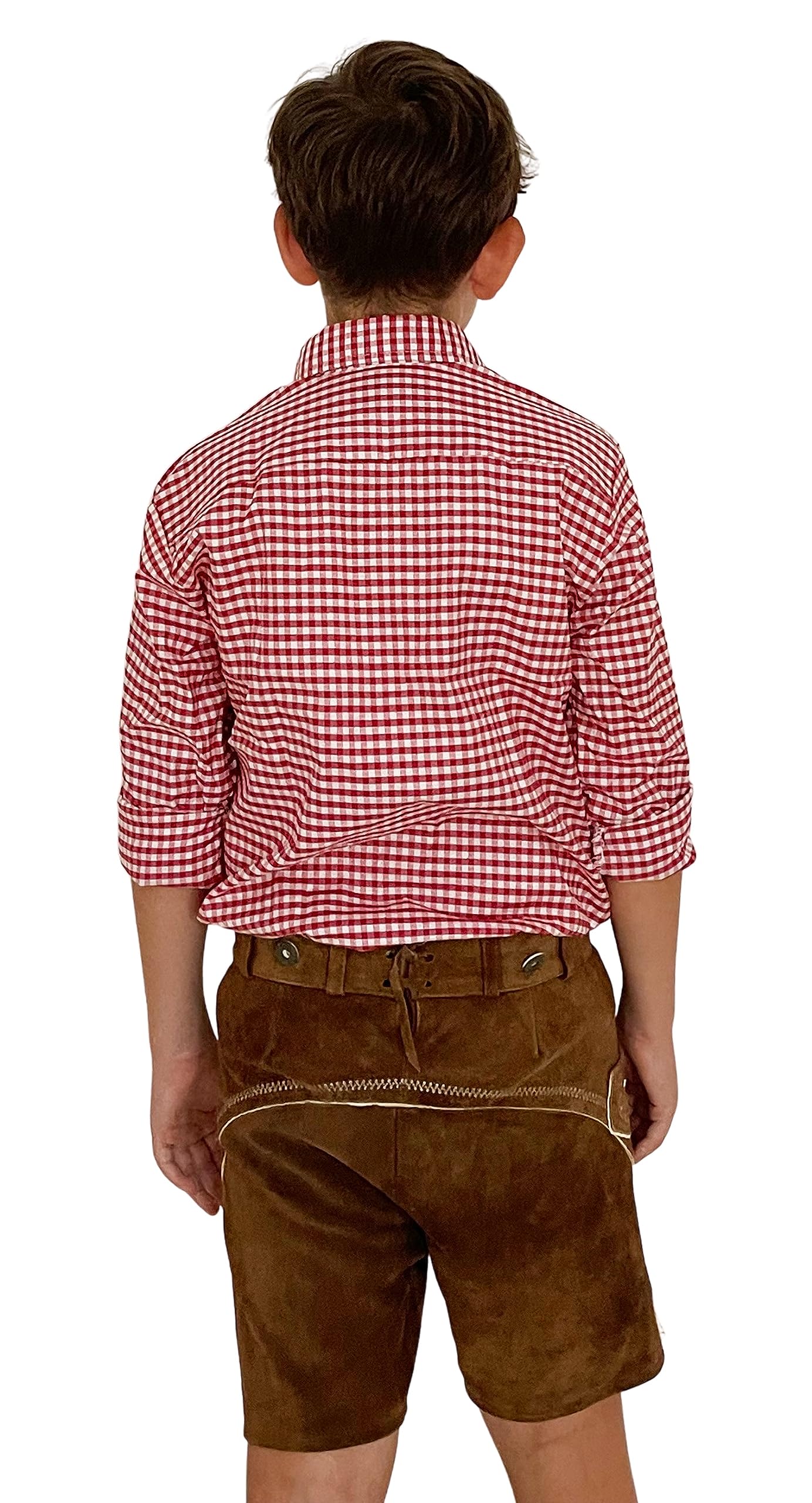 Camicia da ragazzo con pantaloni in pelle a quadretti e cotone bianco a maniche lunghe con foulard 45 x 45 cm e tasca sul petto