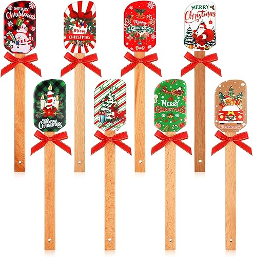 Espátula de silicona de Navidad, 8 piezas, con patrón de Papá Noel, espátula de decoración de pasteles de Navidad, juego de espátulas de silicona de