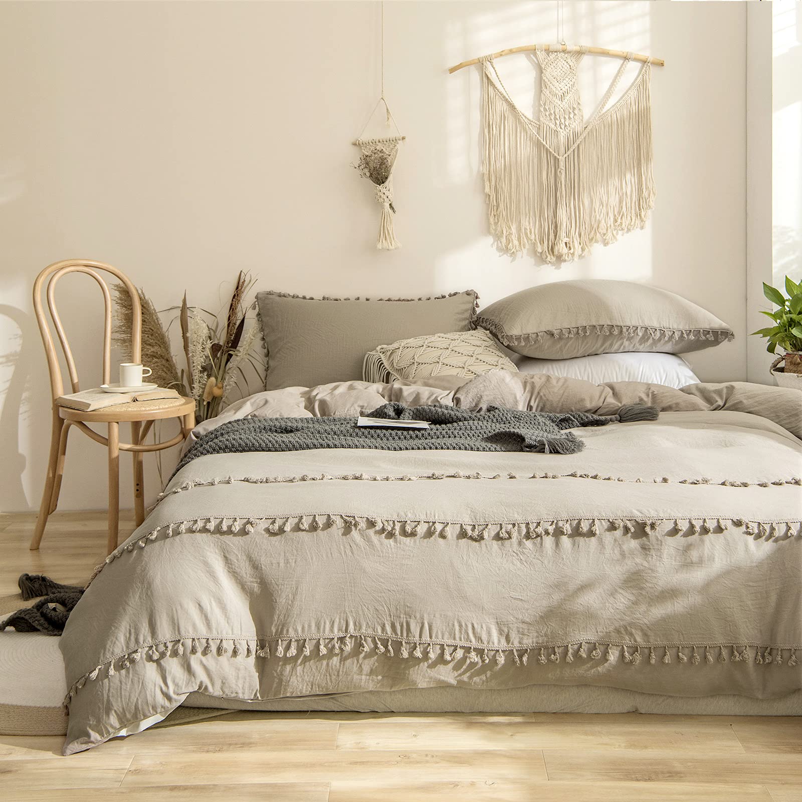Bedbay Light Khaki Bedding Set King Size Taupe Tan Duvet Cover Set Solid Color Tan Grey Boho Chic Bedding 3Pcs with Zipper Ties Farmhouse Style(Taupe, King)