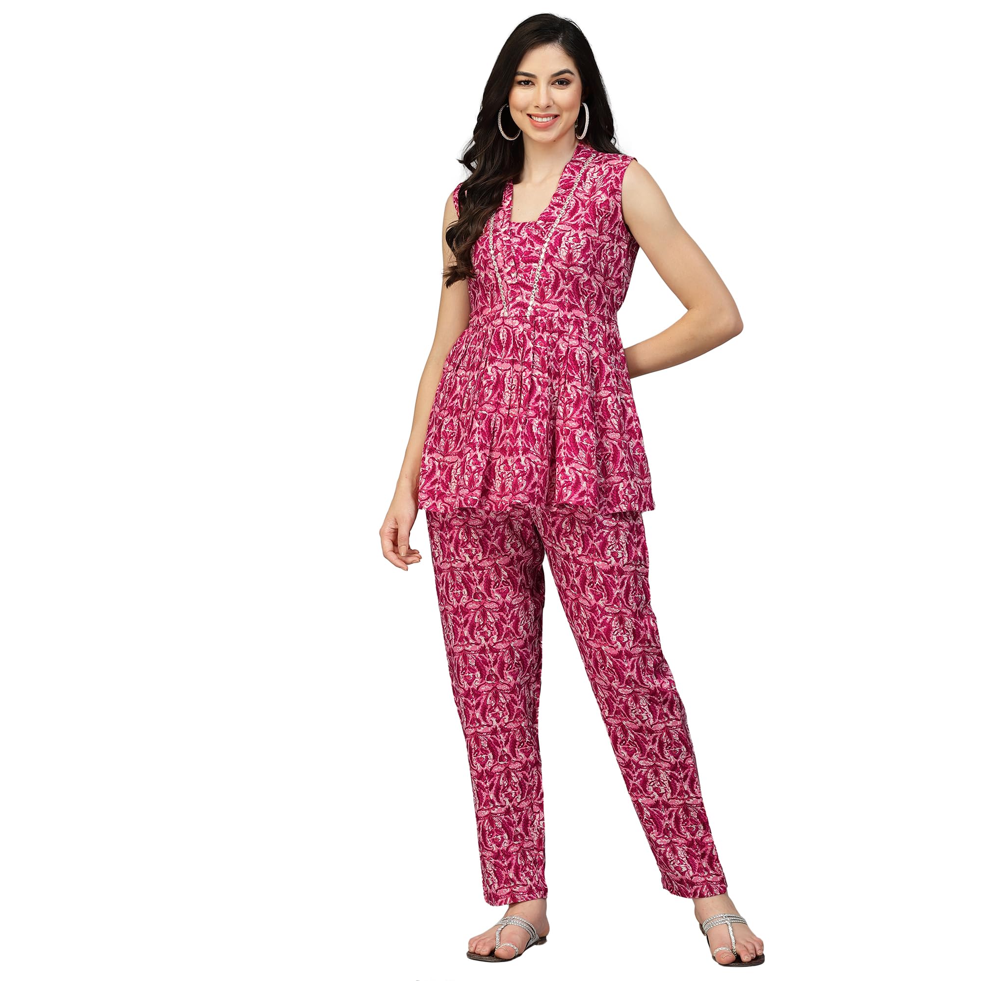 Stylum Women's Printed Rayon Co-Ord Set (Pinkcherry36_Pink, S)