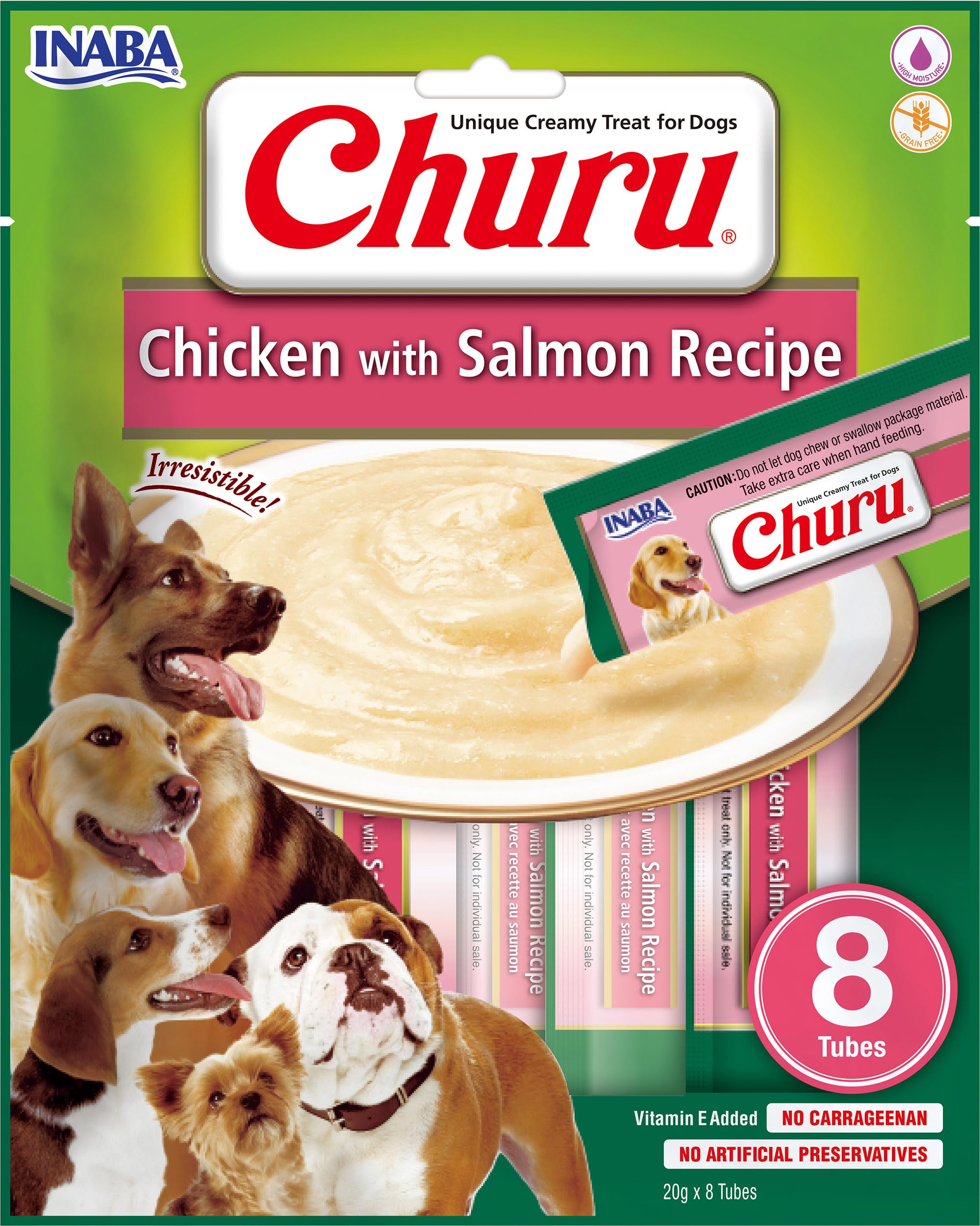 INABA Churu - Deliciosos Aperitivos para Perros en porciones prácticas, sin Cereales, Pollo y salmón (8 x 20 g)