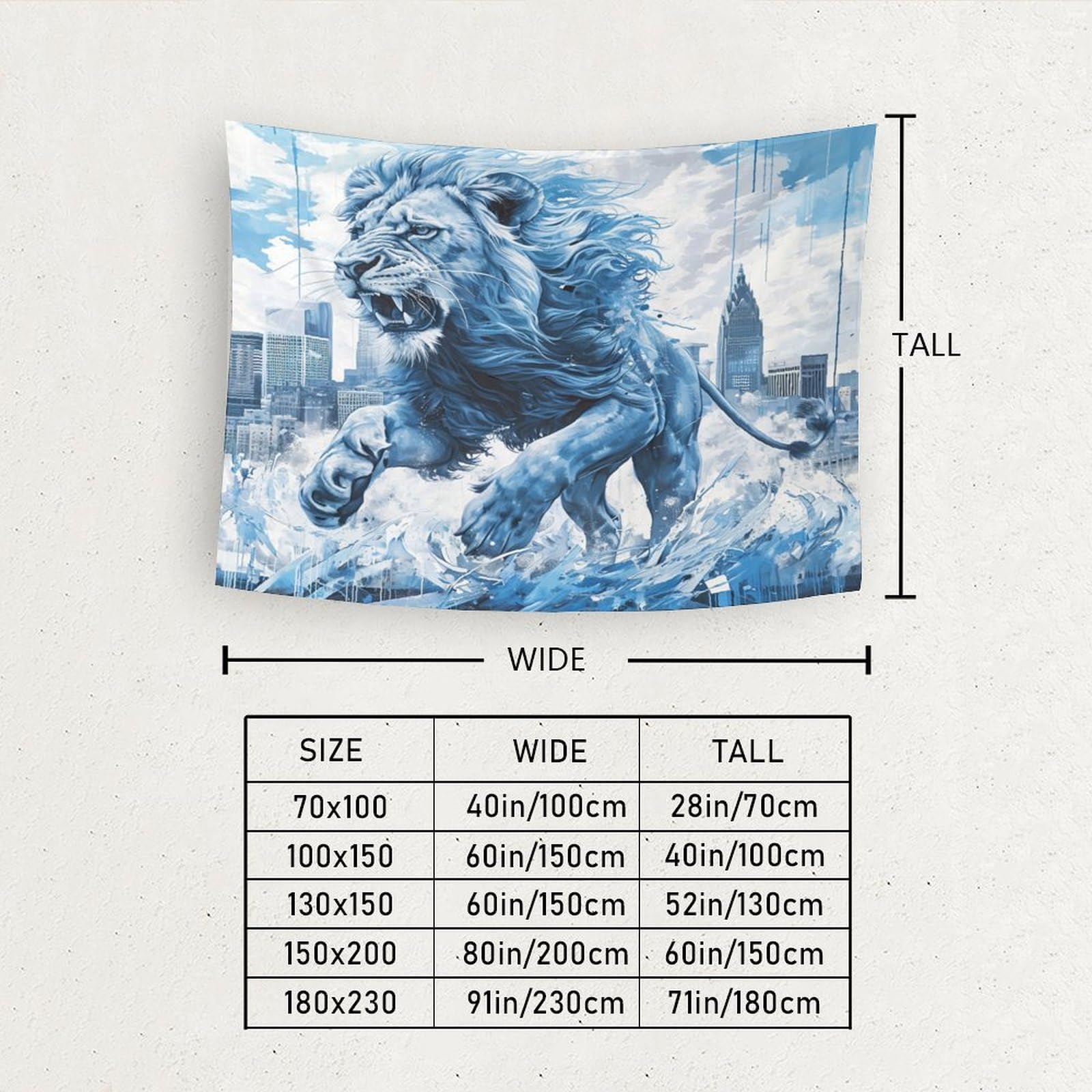 Tenture Murale Lion 3D Effet Artistique - Tissu Polyester 180x230 Cm - Déco Salon, Chambre, Bureau - Inclus Accessoires De Suspension