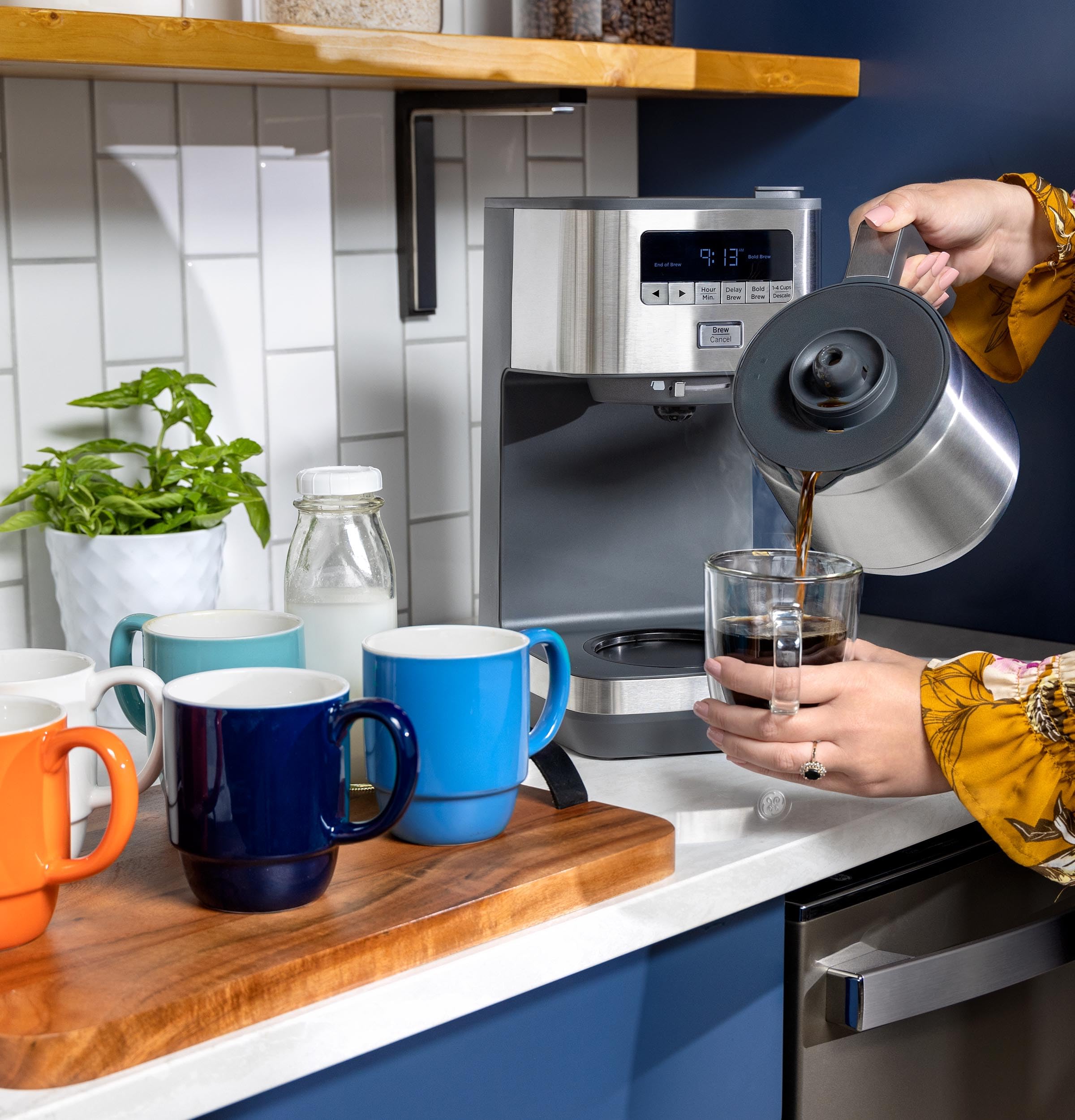 GE Drip Coffee Maker With Timer | 10-Cup Thermal Carafe Coffee Pot Keeps Coffee Warm for 2 Hours | Adjustable Brew Strength | Wide Shower Head for Maximum Flavor | Kitchen Essentials | Stainless Steel | 24-hour programmable auto brew, adjustable strength,