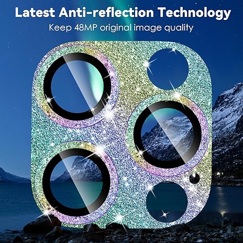 Miniatura 7 de CloudValley Protector de lente de cámara con purpurina para iPhone 14 Pro  14 Pro Max, vidrio templado 9H diseño todo en 1, compatible con fundas,