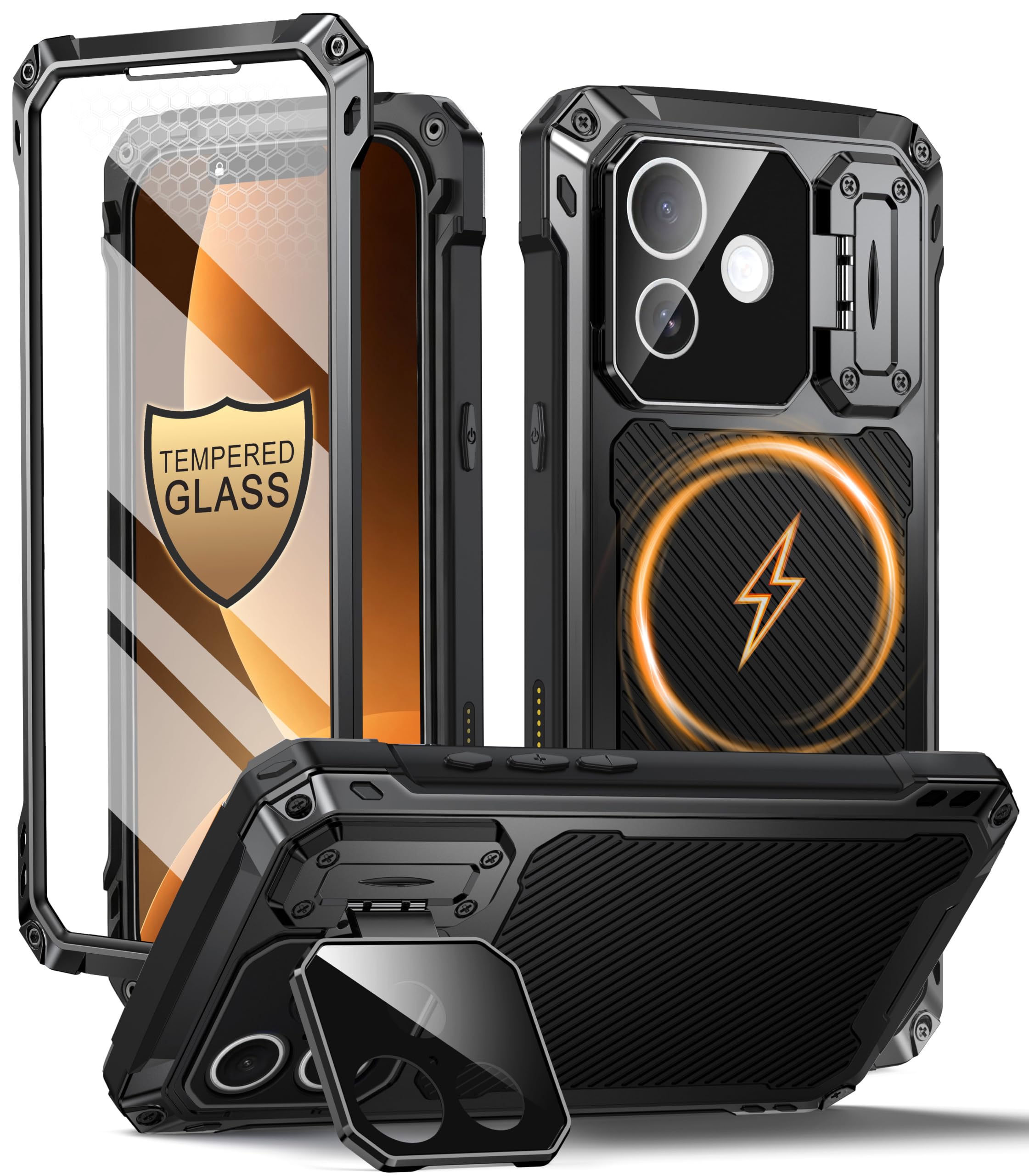 Beeasy Cover per iPhone 18 Pro Metallo Armor con Magsafe, Nero | Vetro Temperato Schermo e Fotocamera Protezione, Supporto Integrato, Custodia Resistente Antiurto Militare Estrema 360°