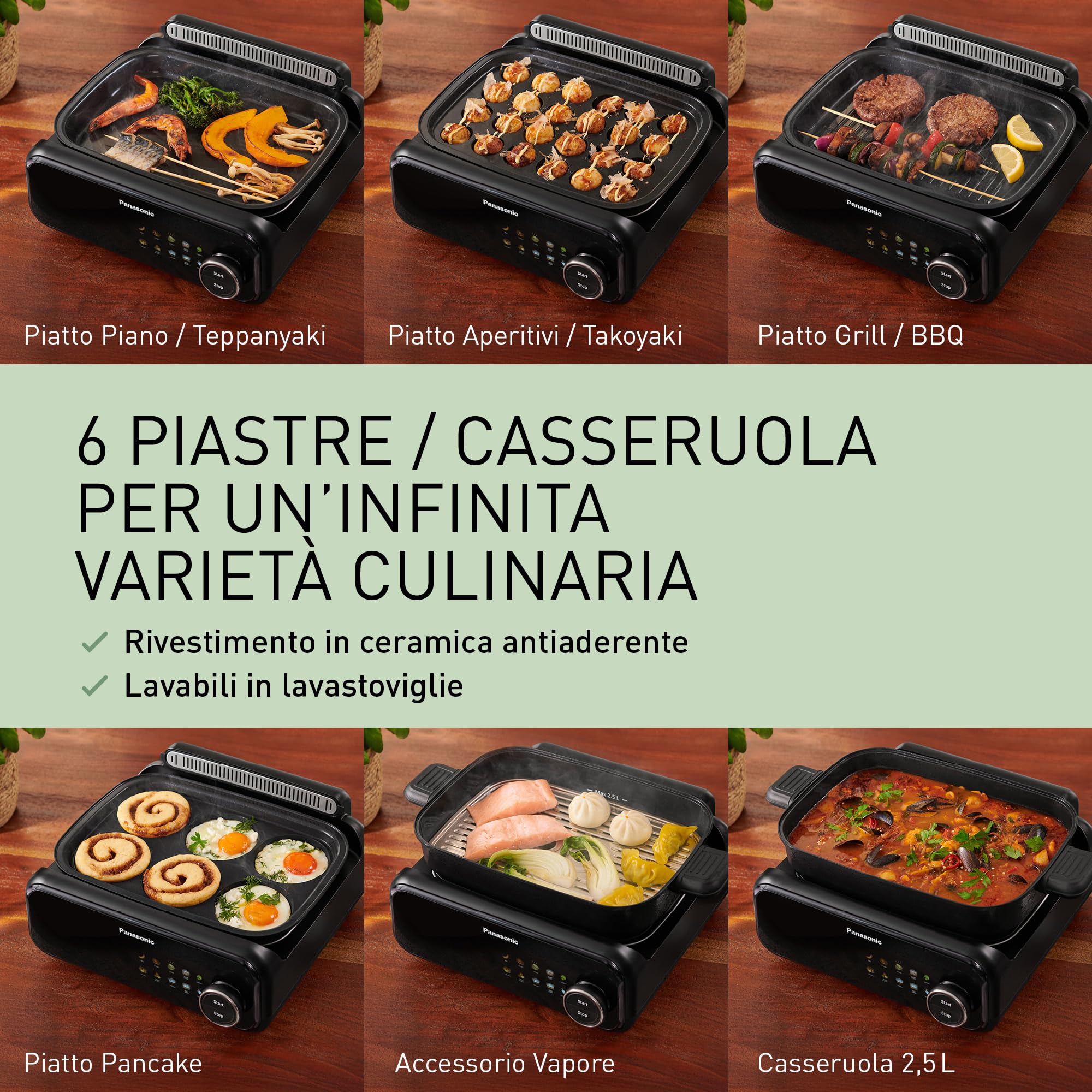 Panasonic NF-GM600 Multi-Cooker Elettrico 6-in-1, Griglia elettrica, Friggere, Cottura Lenta, BBQ, Vapore, Saltare, 1400W, 40–250°C, 9 Modalità Auto, Piastre lavabili in lavastoviglie