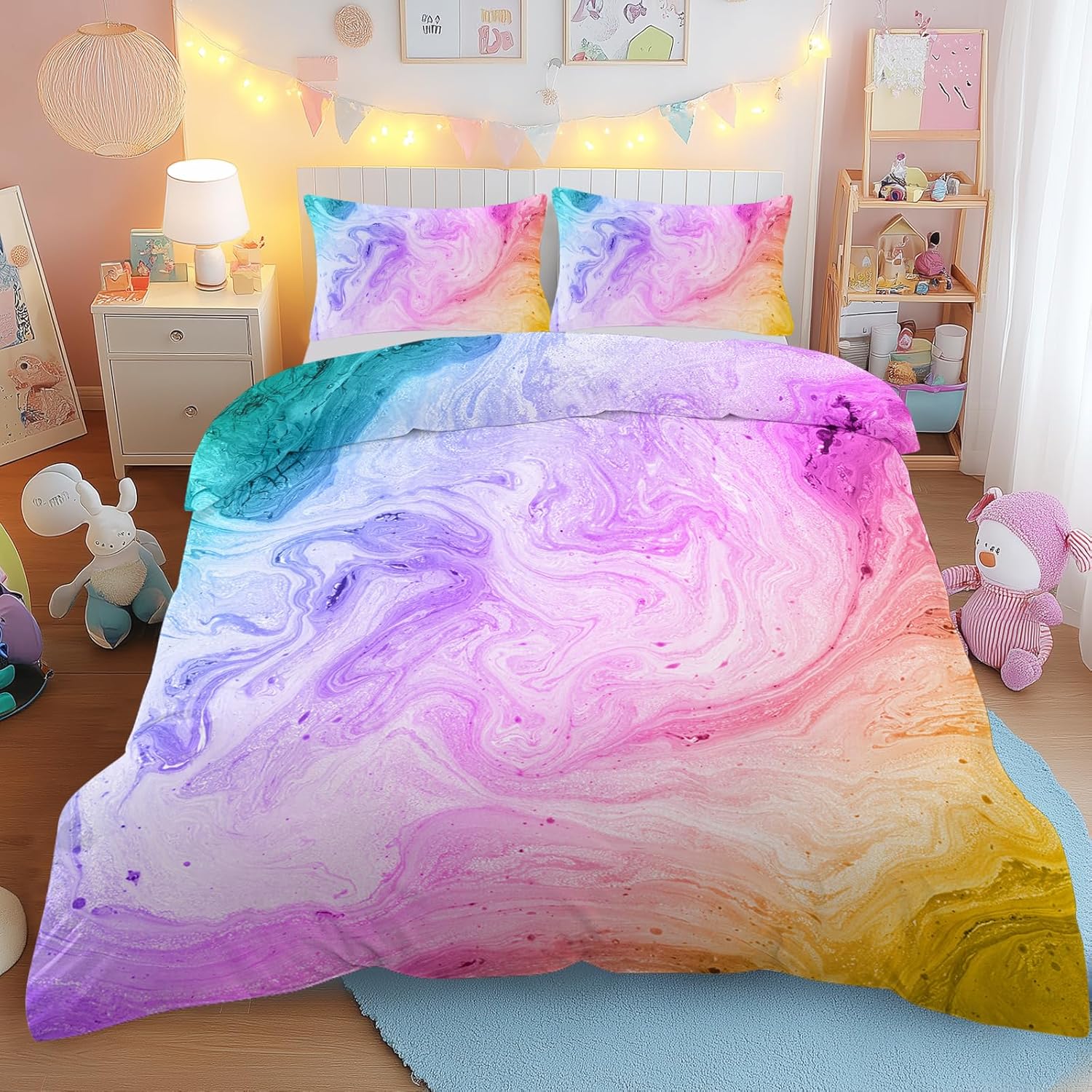 BlessLiving Colorful Marble Bedding Tie Dye Pastel Pink Comforter Cover for Teenage Girls Colorful Purple Blue Duvet Cover Set Marble Abstract Art Bed Set 3 Piece Bright Girly Bedspread (Full)