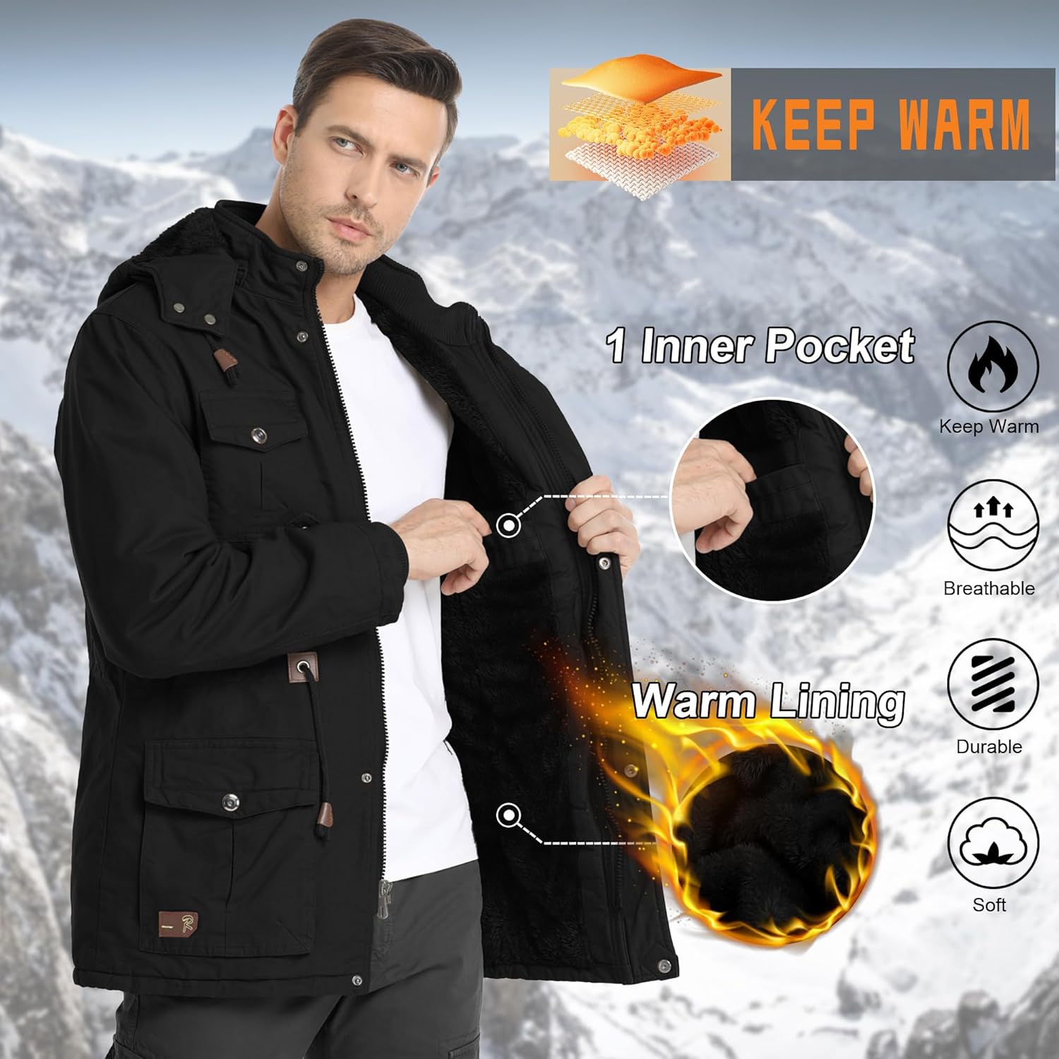 CHEXPEL Men's Thick Winter Jackets with Hood Fleece Lining Cotton Military Jackets Work Coats with Cargo Pockets Outwear - Image 3