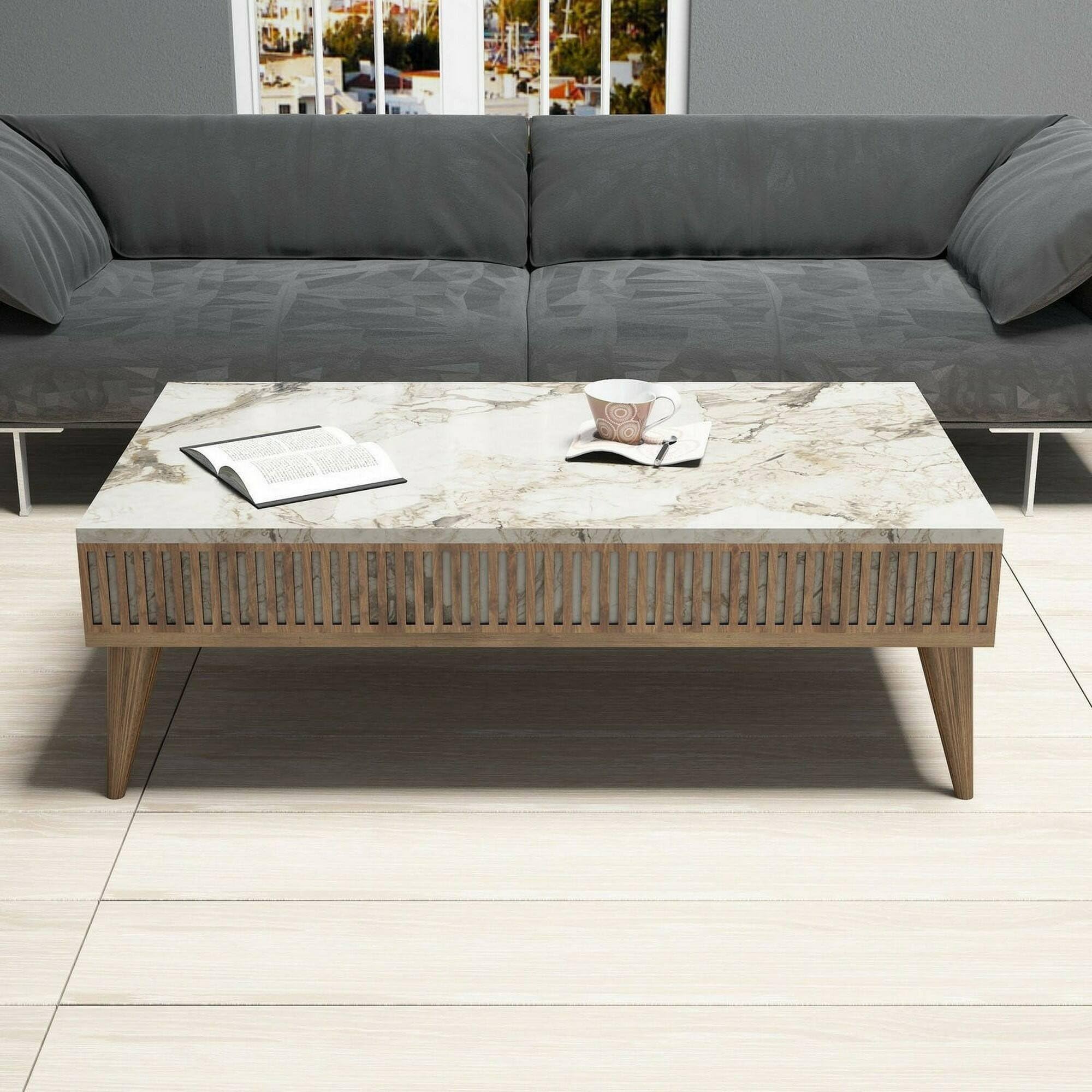 Dmora - Tavolino da Salotto Capricorn, Tavolo Basso da caffè, Portariviste per Divano, Ripiano da Soggiorno, 105x60h35 cm, Noce e Bianco