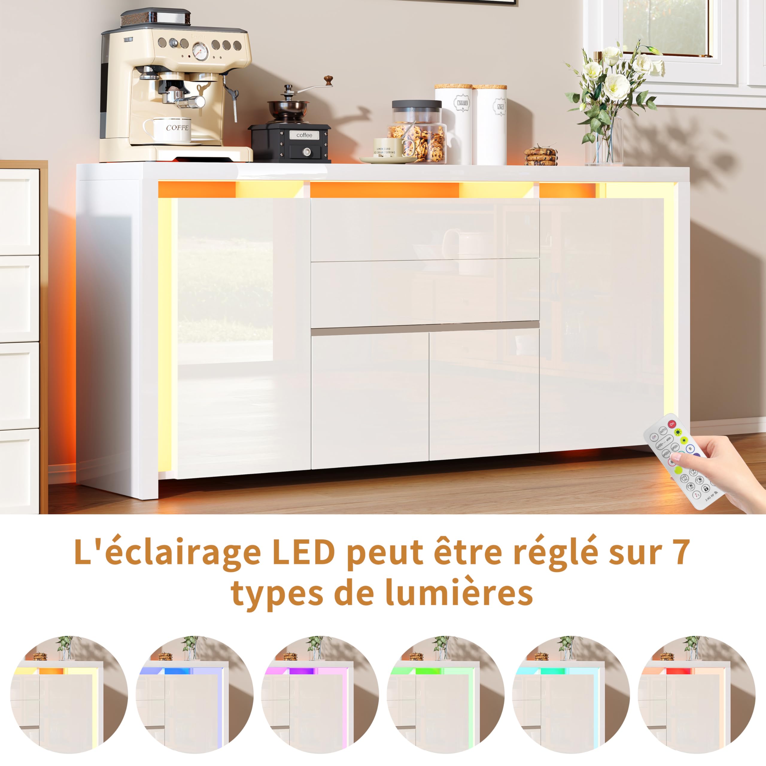 Kommode Weiß Hochglanz Mit LED Beleuchtung, Modernes Sideboard Mit 2 Schubladen Und 4 Schränken, Flurschrank Buffetschrank TV Schrank Wohnzimmerschrank Für Wohnzimmer,Schlafzimmer,Büros, 160x35x75cm