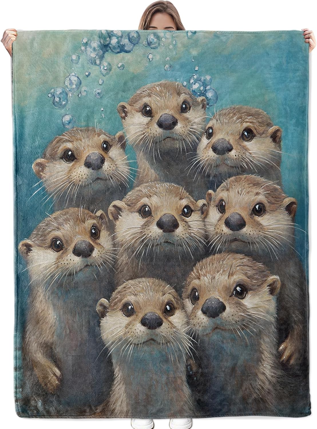 Curious Otters Blanket Soft Cozy Flannel Throw Blanket, Warm Yet Lightweight Cute Otters Underwater Blankets for Travel, Couch, Bed, for Adults Women Girls, Fuzzy Outdoor Comfort Wrap 80"×60"