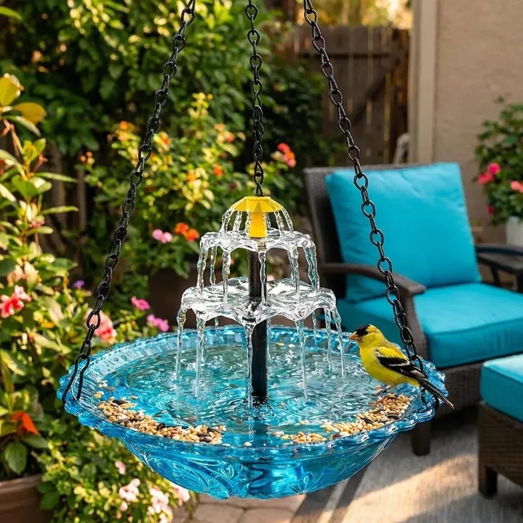 Solar Cascade Hanging Bird Bath Fountain Solar Fountain for Bird Bath, Outdoor Hanging Bird Bath with Solar Fountain, with Solars Pump Gardens Decorative Garden Yard Patio Bird Bath Fountain (Blue) — view 3