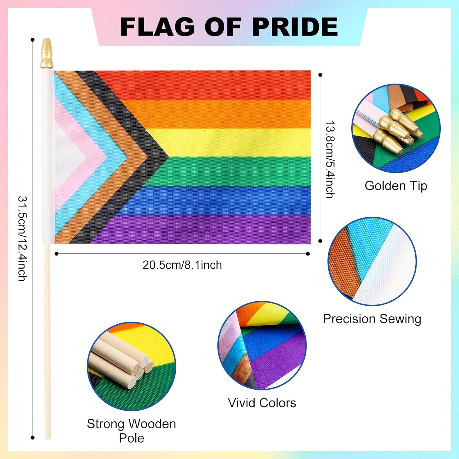 50 Pack Small Progress Pride Rainbow Gay Stick Flag Mini Hand Held LGBTQ Flags Decorations 5x8inch - Image 2