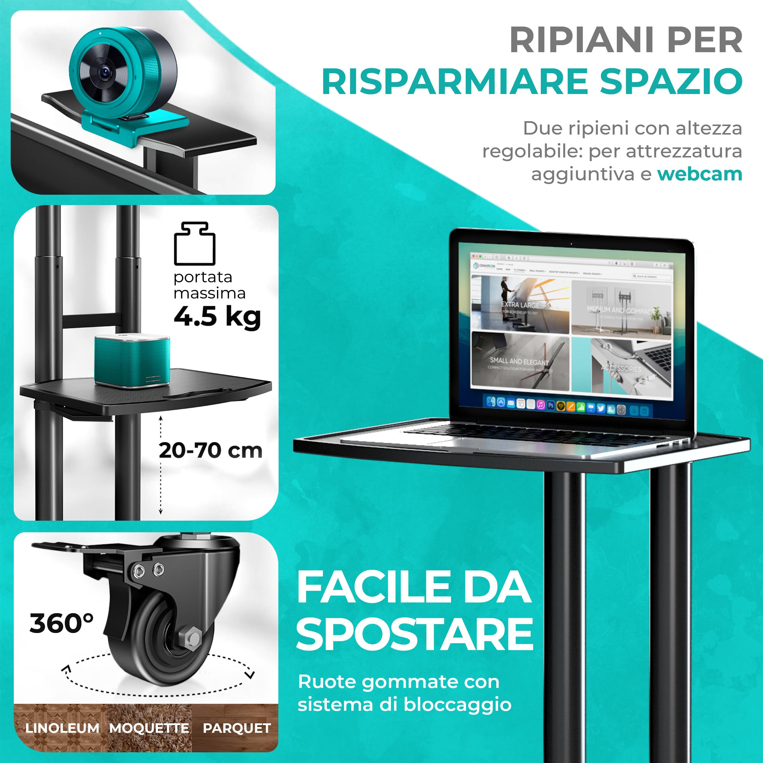 ONKRON Piedistallo TV Mobile 40 – 70 pollici - Carrello Porta TV con Peso fino a 45,5 kg - Supporto TV da Terra con Rotelle e max VESA 600x400 mm/Supporto TV da Pavimento con Ruote TS1551-B Nero