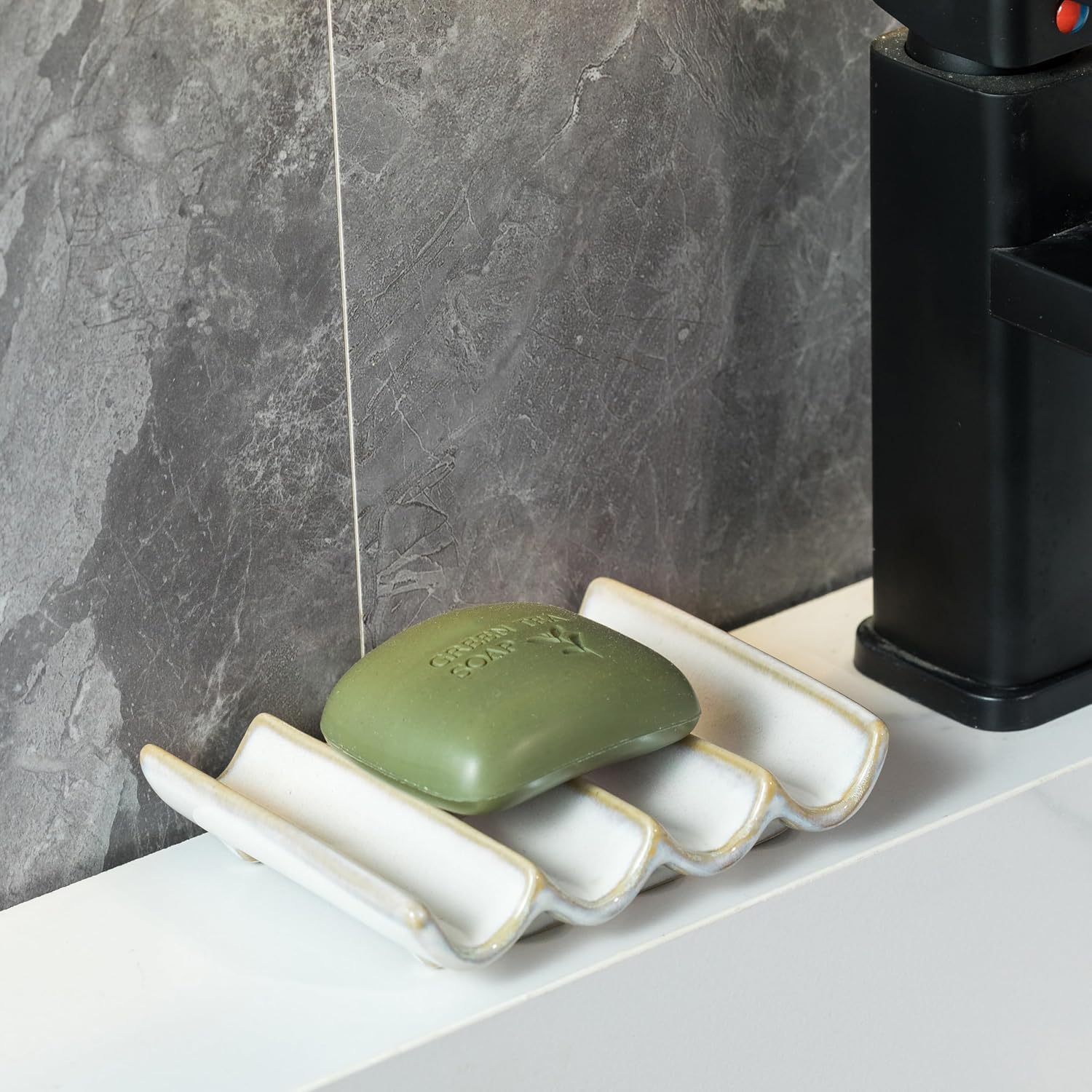 Soap Dish with Self Drain Fluted Design, Bar Soap Holder for Bathroom, Japanese Soap Tray for Shower, Bathroom and Kitchen Sink Organizer, Ceramic Soap Saver, White - Image 3