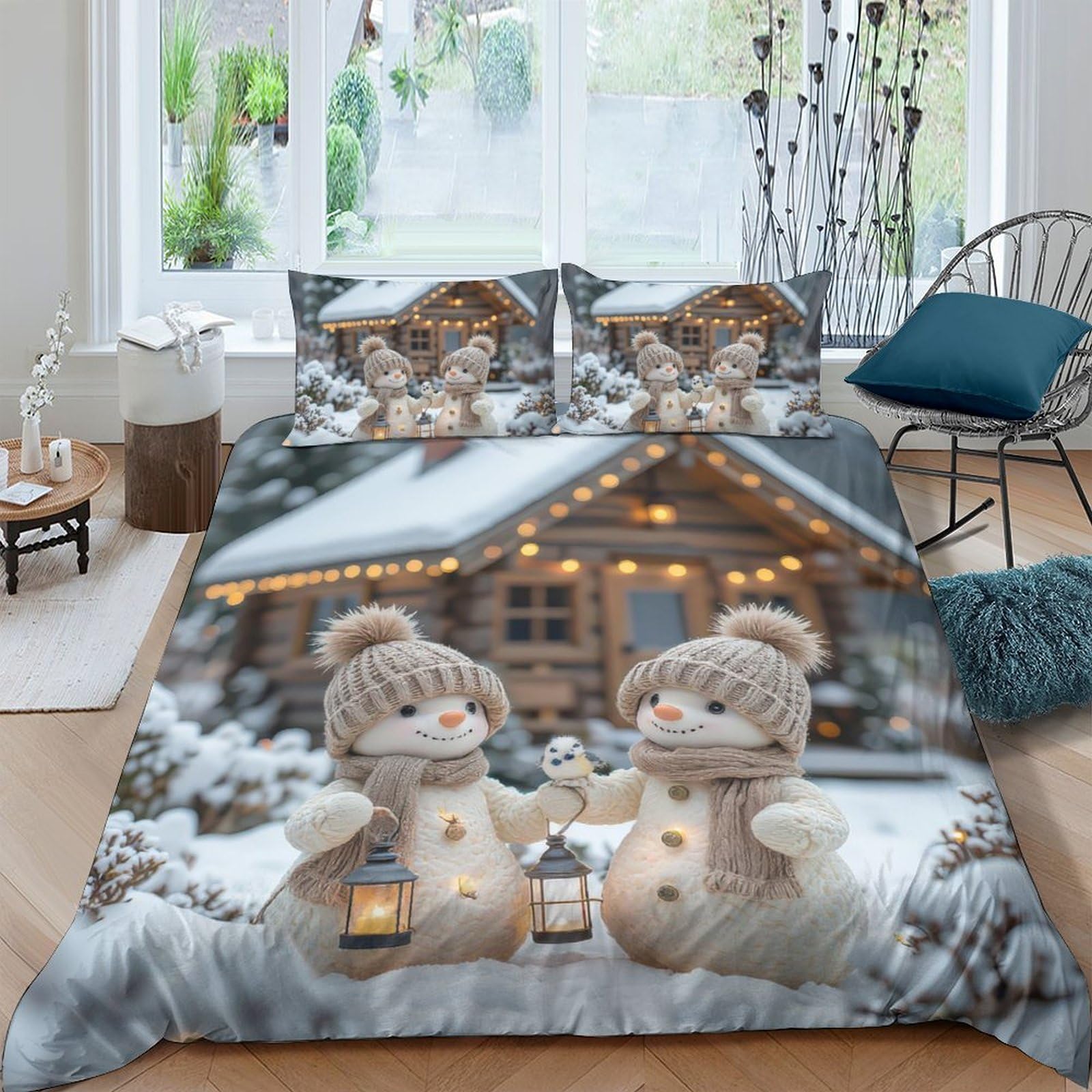 Ctjqhvkz Style-10 3D Printed Snowman Cottage Fitted Sheet Microfiber Christmas Winter Bed Cover For Bedroom Guest Room Decor Single（135X200cm）