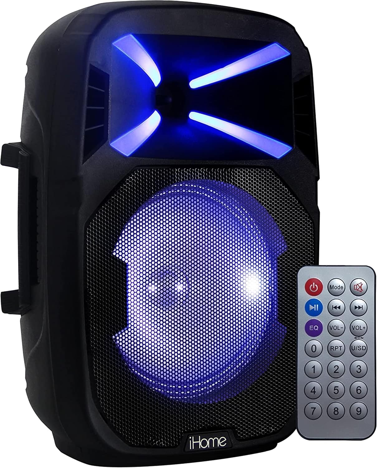 ඉදිරිපස view of the iHome iHPA-800LT speaker with blue LED lights active, alongside its remote control.