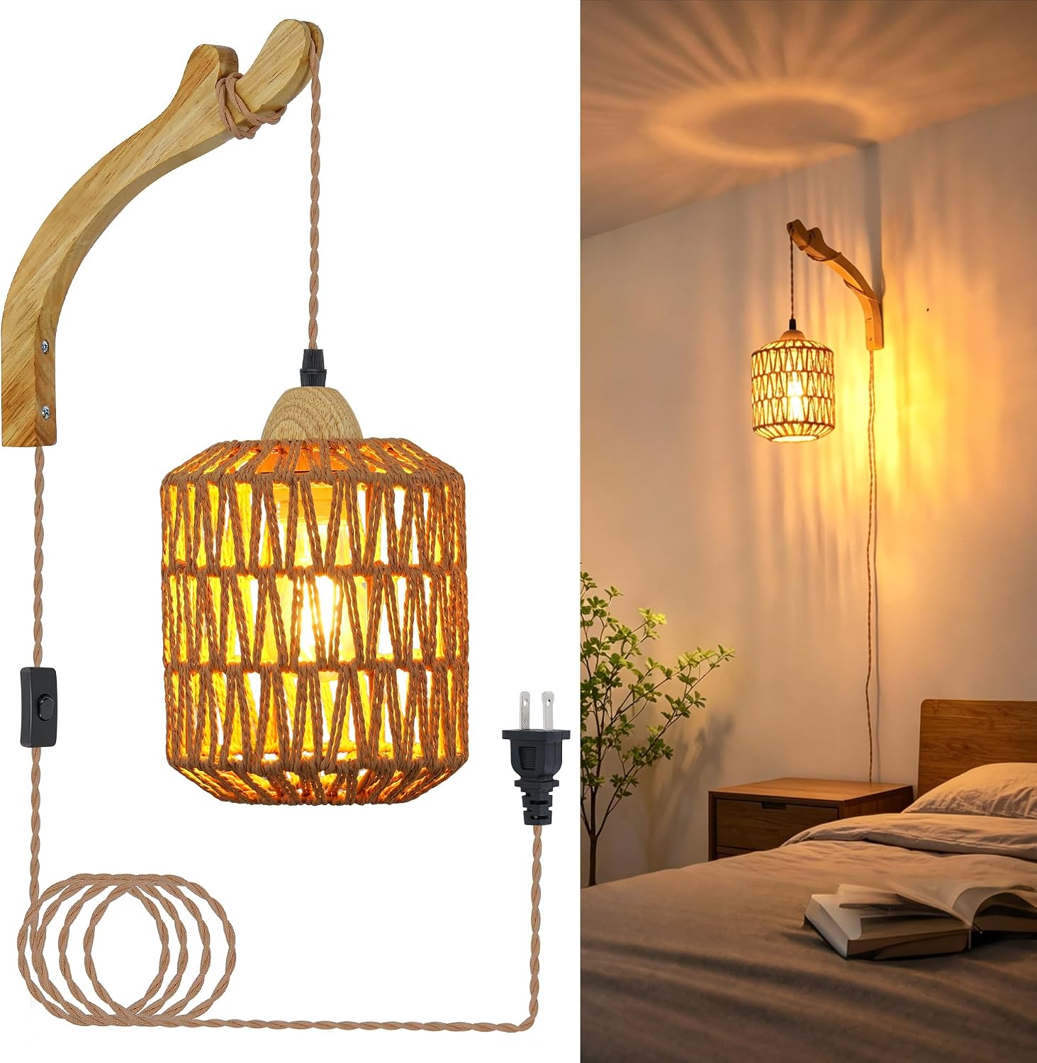 Frideko Rattan Wall Lamp with Plug in Cord Hand Woven Plug in Wall Sconces Paper Rope Wall Light Farmhouse Wall Sconce Wall Mounted Light Boho Wall Sconces Wall Lighting for Bedroom Living Room