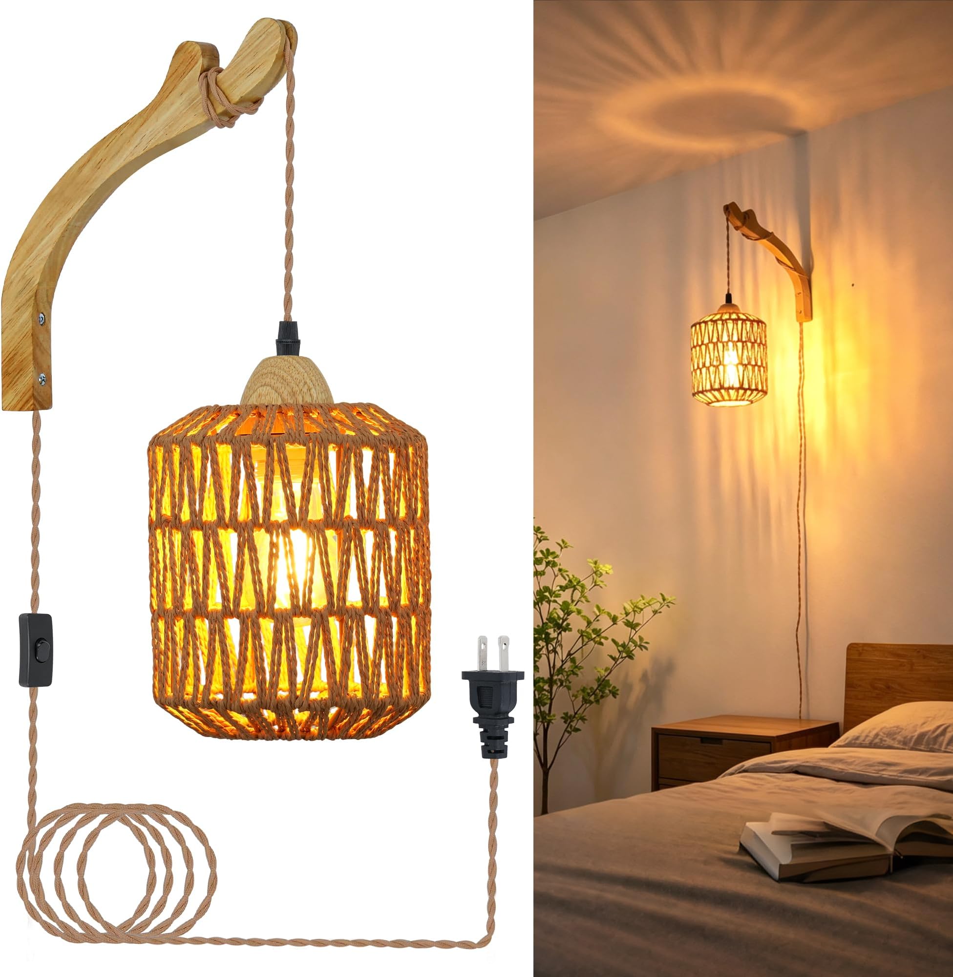 Frideko Rattan Wall Lamp with Plug in Cord Hand Woven Plug in Wall Sconces Paper Rope Wall Light Farmhouse Wall Sconce Wall Mounted Light Boho Wall Sconces Wall Lighting for Bedroom Living Room