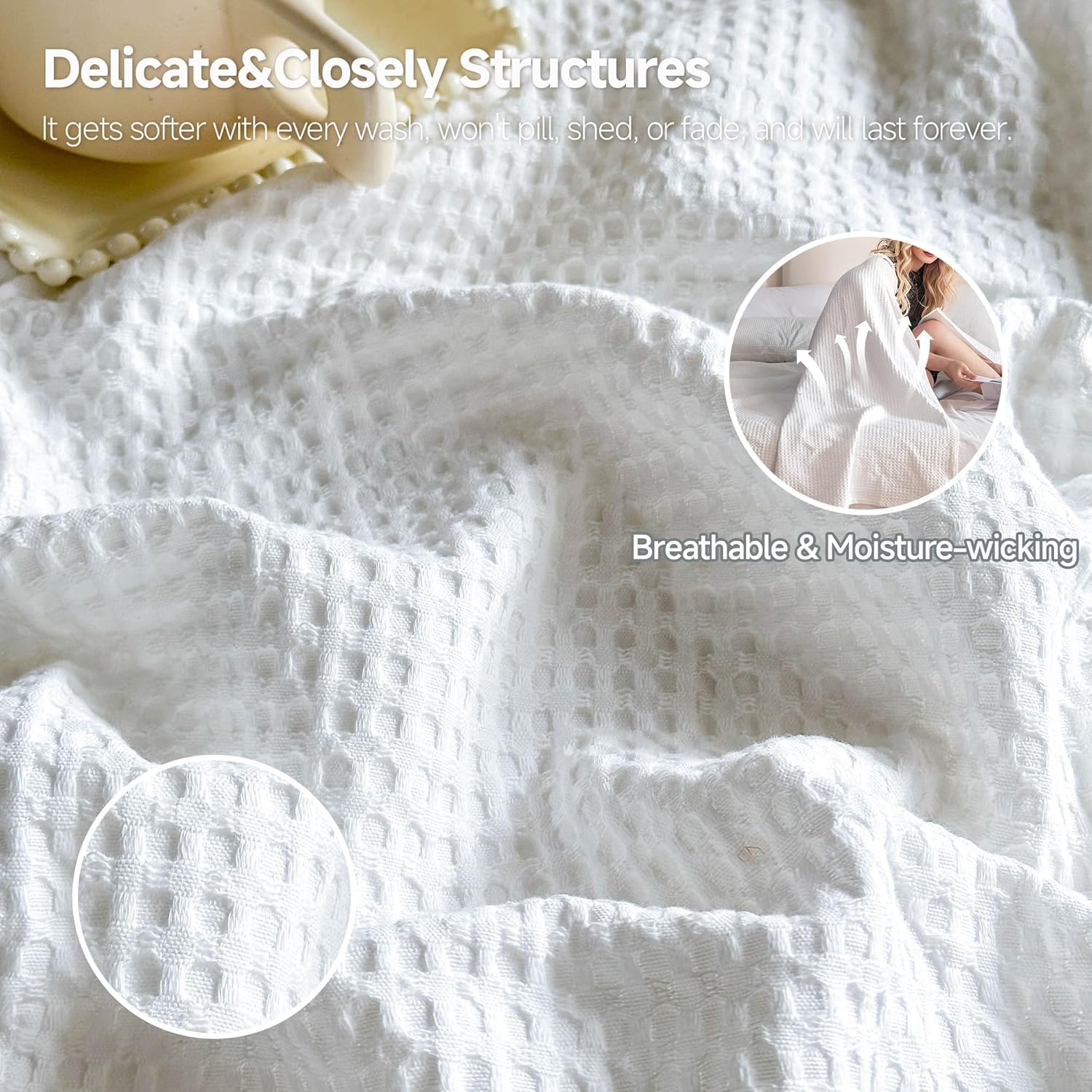 100% Cotton Waffle Weave Blanket King Size, Soft Lightweight Breathable Cozy Blankets for Bed Couch All-Season Christmas Blanket Home Décor(White, 104"x90")