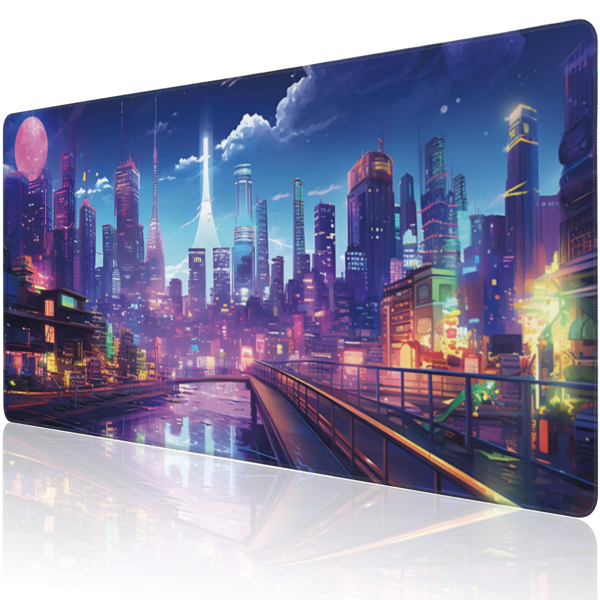 Extended Large Gaming Mouse Pad, Cyberpunk Streets Large Desk Mat for Desktop XXL, Non-Slip Rubber Base Stitched Edges Long Computer Keyboard Desk Pad