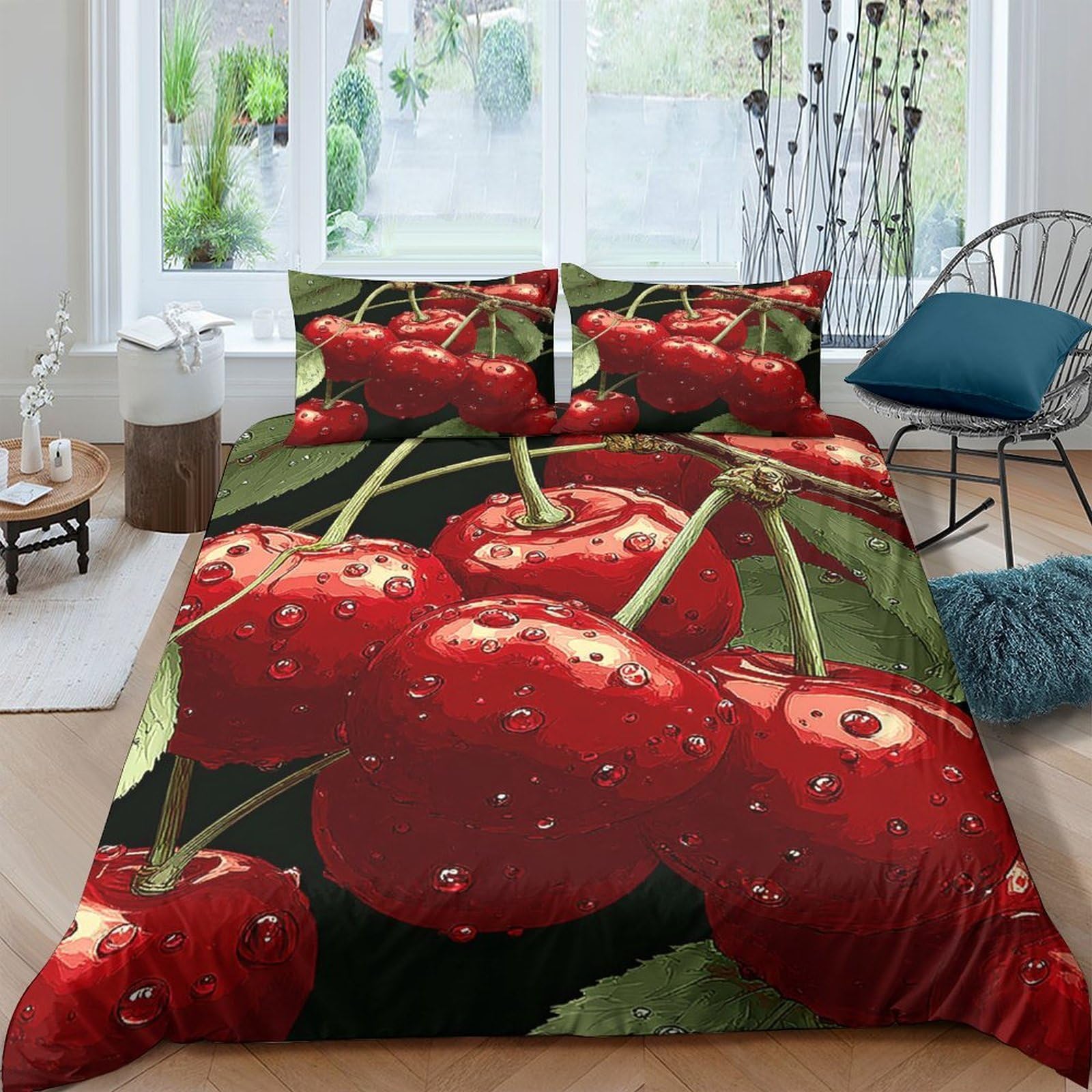 Ctjqhvkz Style-7 3D Printed Cherry Fruit Fitted Sheet Microfiber Soft Red Leaf Mattress Cover For Bedroom Dorm Easy Care Decor Single（135X200cm）