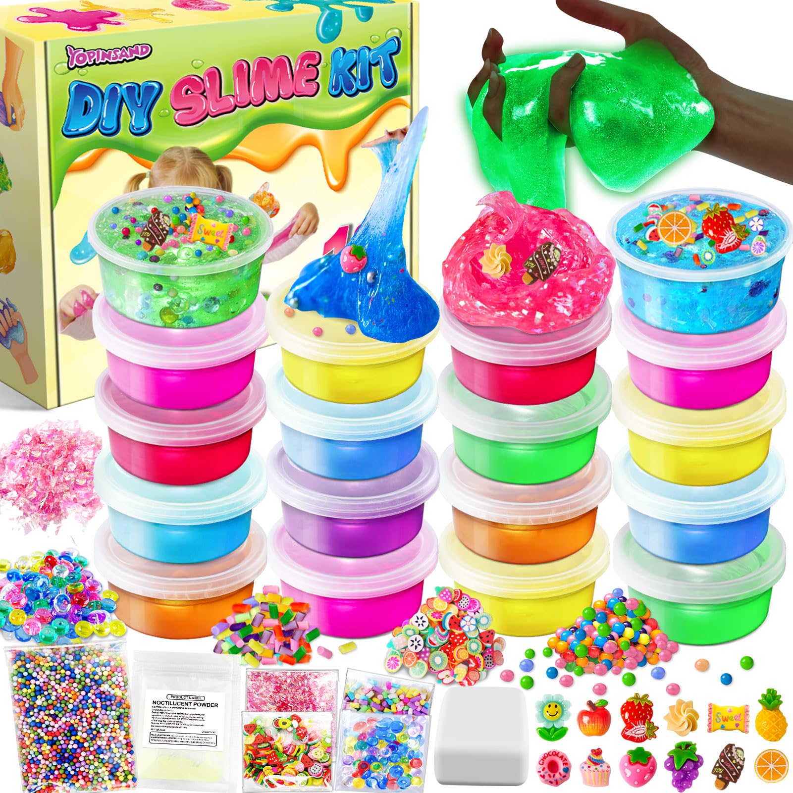 18 Cups DIY Slime Kit, Slime Making Kit for Girls, Glow in The Dark, Crystal Clear Slime with Add-ins, Foam Balls, Charms, Party Favors Gift Toys for Kids 3-12