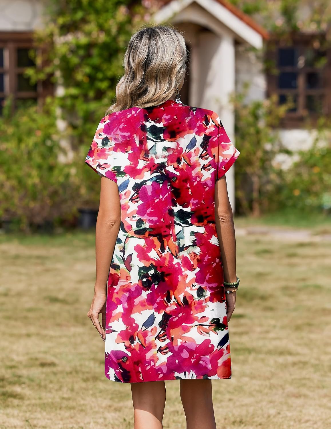 Zeagoo Summer Dresses for Women Short Sleeve Shift Dress V Neck Casual Mini Beach Vacation Boho Sundress with Pockets