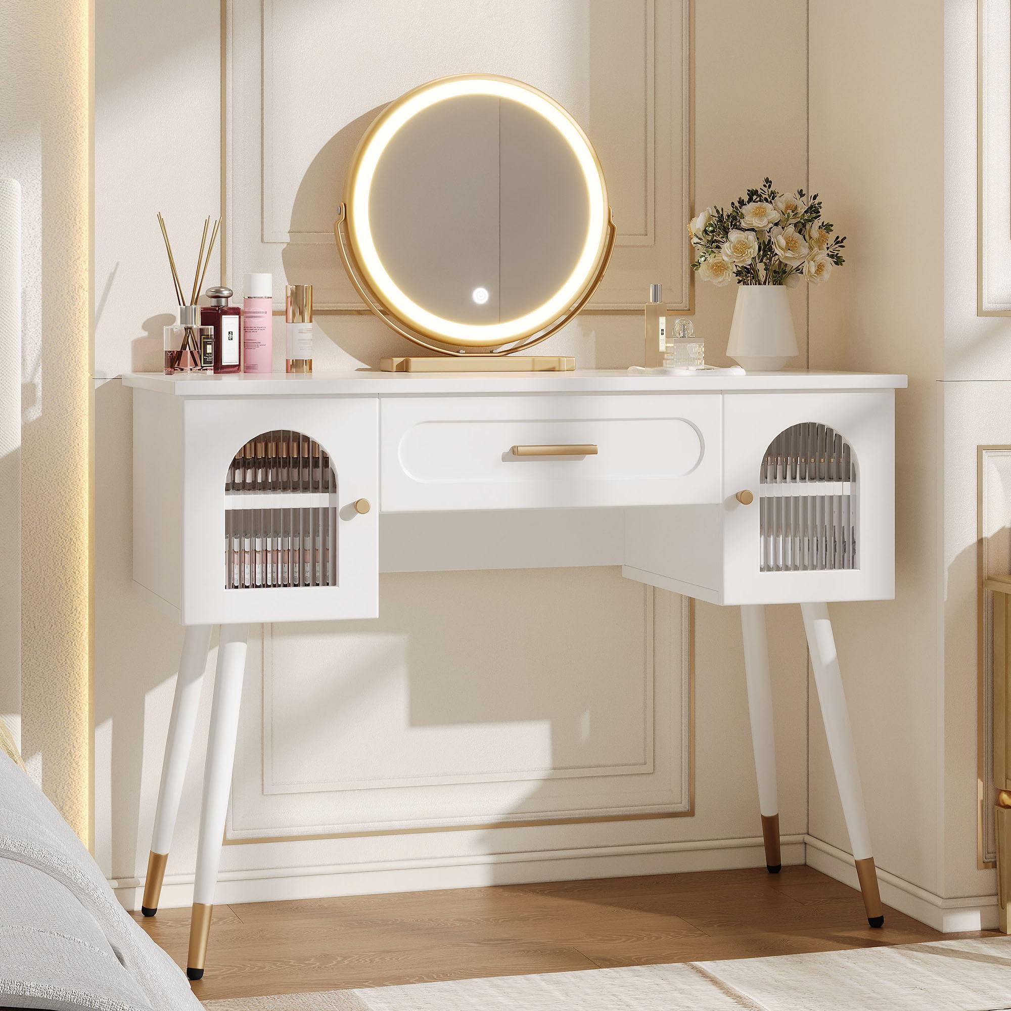 Tavolo da toeletta con specchio LED, 1 cassetto, 2 ante in vetro