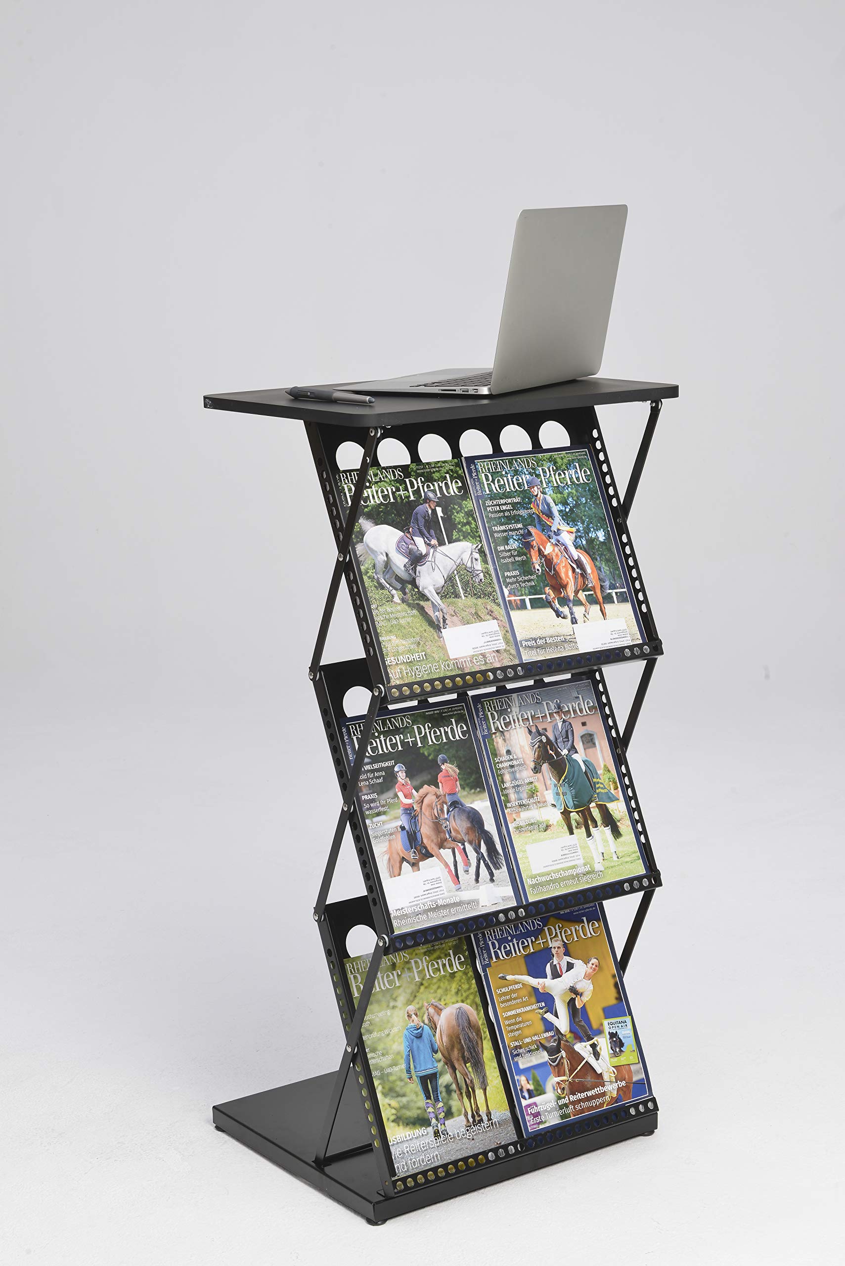 Mostrador de Pie con Expositor para Folletos Negro | Soporte Plegable de Metal con 3 Estantes para Catálogos, Flyers y Revistas | Escritorio Portátil y Atril para Ferias y Eventos