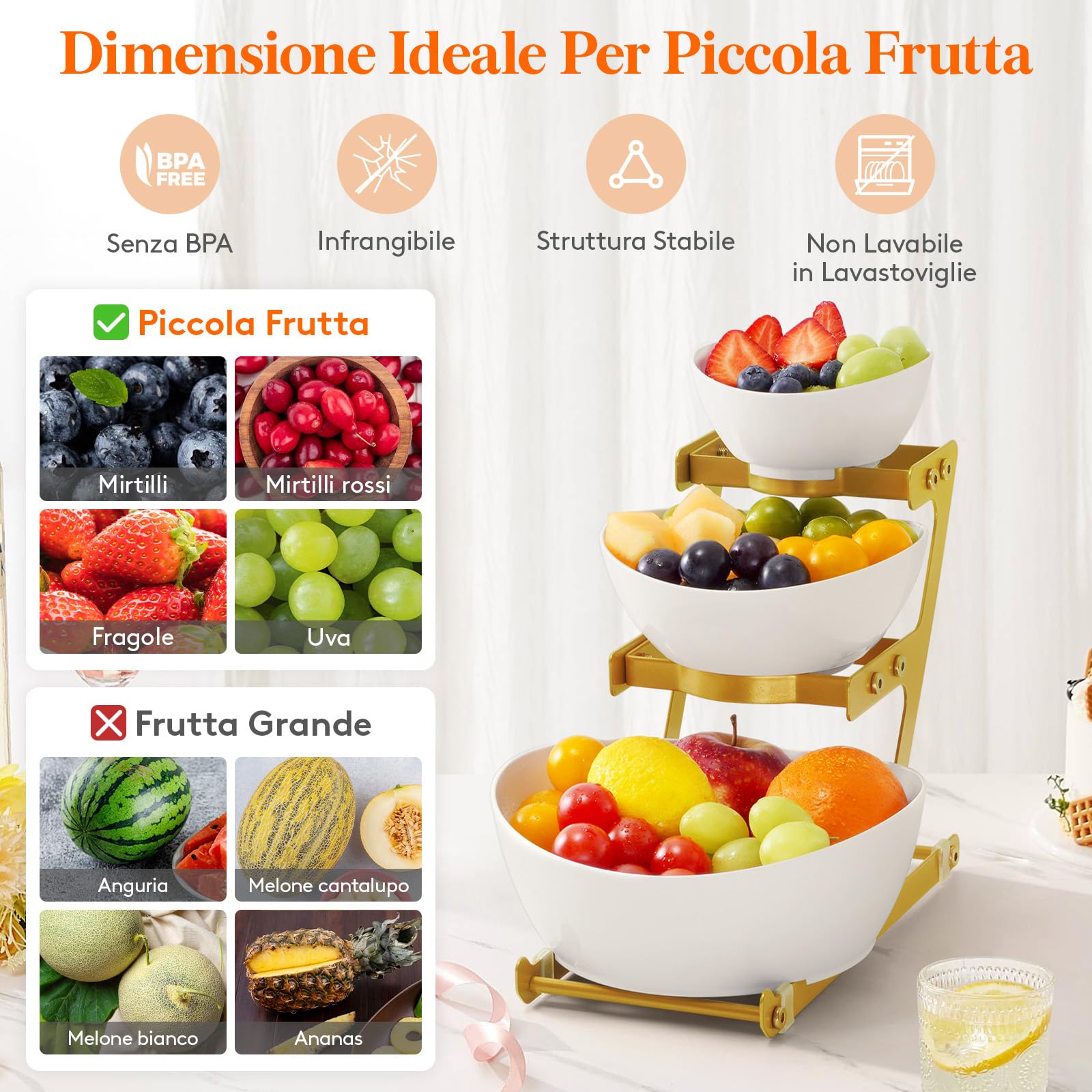 Lifewit Alzata a 3 piani con ciotole in plastica, 3 ripiani, con ripiano in metallo dorato, accessori per feste, buffet, ciotola da portata riutilizzabile per antipasti, frutta, snack