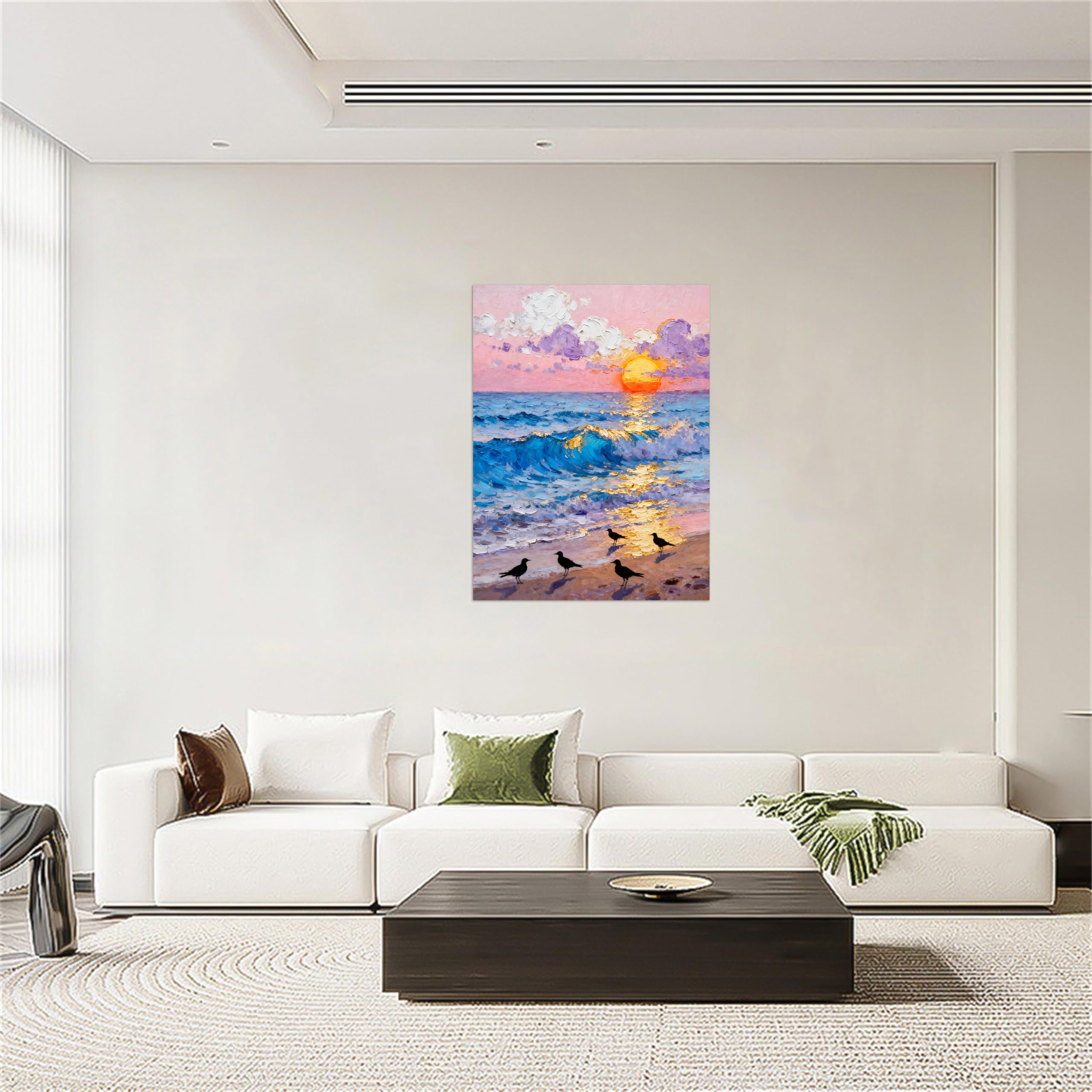 OZPWBVY Modern Leinwandbild-Blau Meer Sonnenuntergang Birds-Landschaftsbilder für Wohnzimmer Büro 90x117cm Ungerahmt