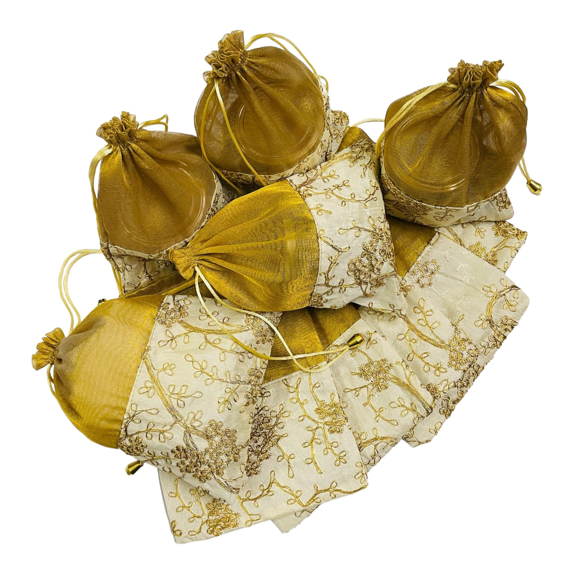 KRIWIN Pack of 10 Womens Silk Drawstring Closure Embroided Gift Potli Bags Pouches 9 X 7 inch Capacity- 450 gram (Gold) (B0D427JZMZ) Amazon Price History, Amazon Price Tracker