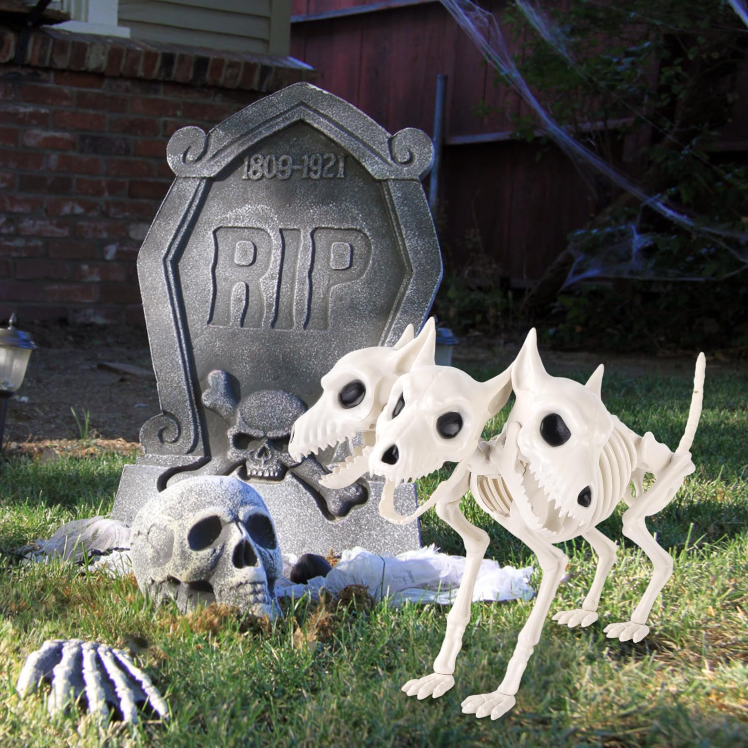 12’’ Halloween Three-Headed Dog Skeleton Statue Prop Animal Decoration