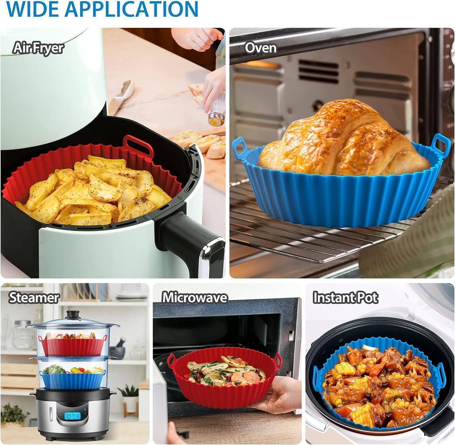 Air Fryer Liner I Round Silicone Basket Baking Tray I Pot with Ear Handles I Nonstick Reusable Heat Resistant I Cooking Oven Insert Accessories - Multicolor (8 Inch, Pack of 2) CKPS