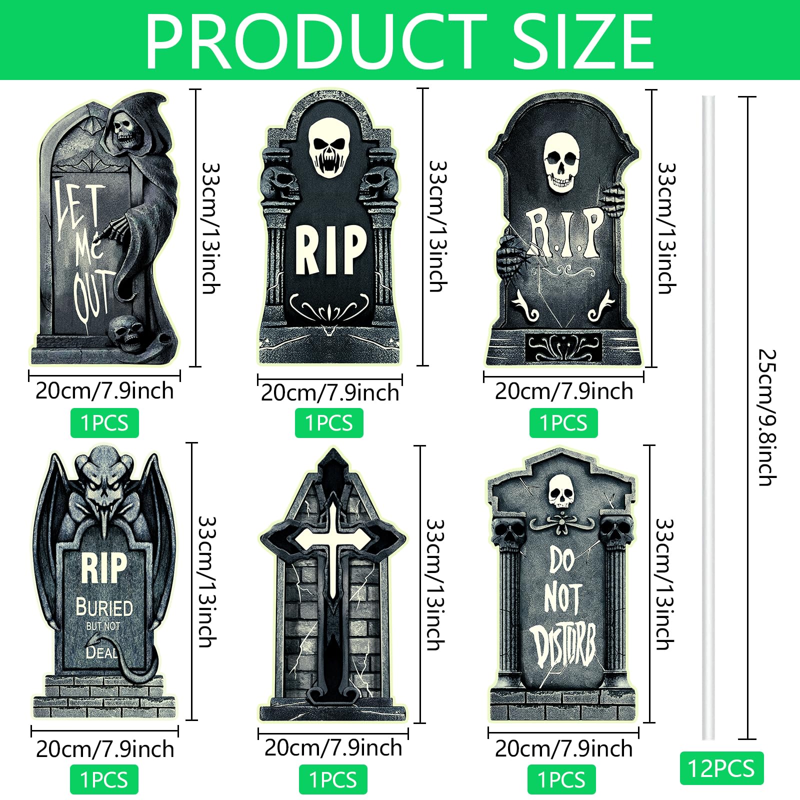 Maxee Pietra lapide in schiuma per Halloween, 3 pezzi, 40 x 20 x 2,5 cm, decorazione per cimitero, con 6 catene luminose (verde e blu), decorazione per lapidi, con pali per giardino