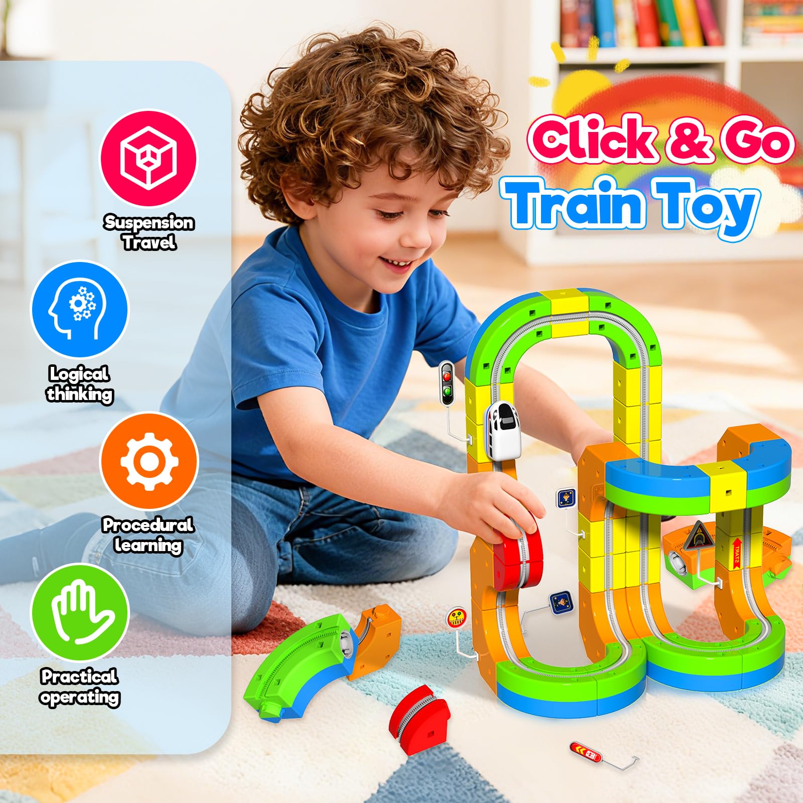 Goody King Train Électrique Enfant 69 Pièces - Ensemble de Train Magnétique 3D DIY avec Rails Cubes et Train Electrique, Jeu de Construction STEM Éducatif et Cadeau pour Enfants de 4 à 12 Ans