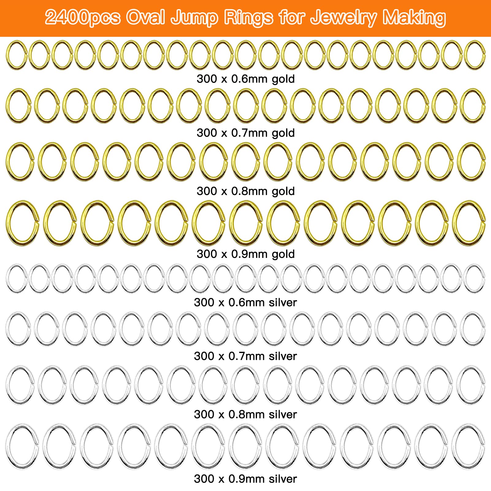 2400 Stück ovale Binderinge, Schmuck-Binderinge, Edelstahl, offener Ring, Durchmesser 4 mm, 5 mm, 6 mm, 7 mm, für Schmuckherstellung, Ohrringe, Armbänder, Halsketten, DIY Handwerk (Gold und Silber)